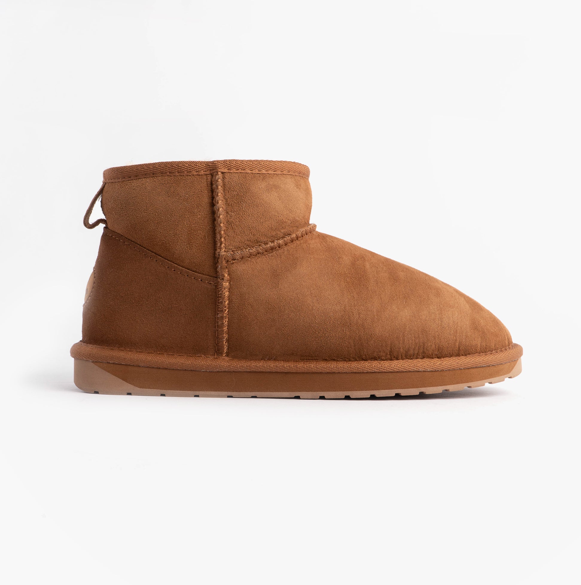 EMU Australia STINGER MICRO Womens Sheepskin Boot Chestnut side view showcasing shearling boot design and rubber sole.