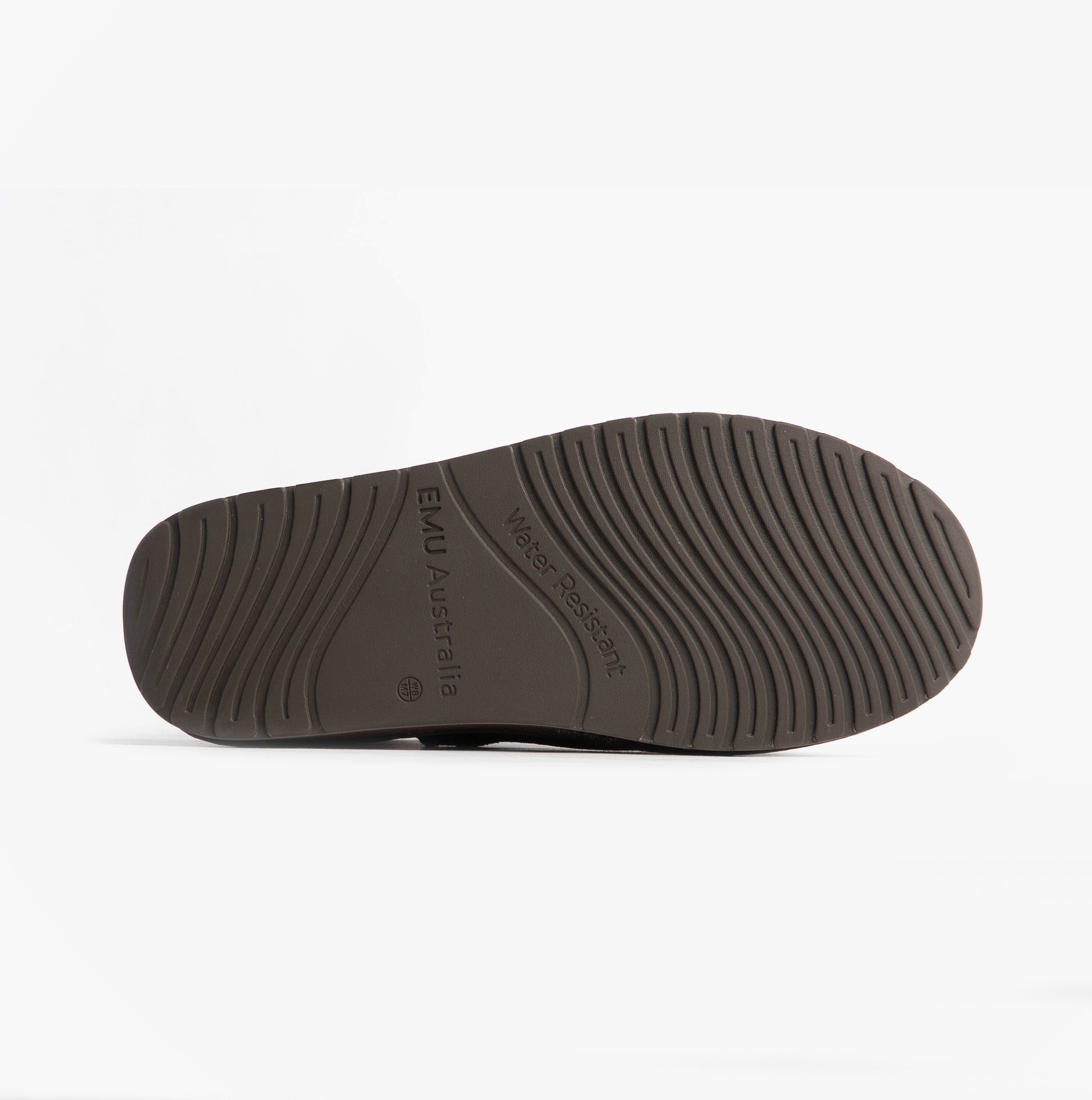 EMU Australia STINGER MICRO Womens Sheepskin Boot Chocolate bottom view, showing rubber sole with brand detailing.