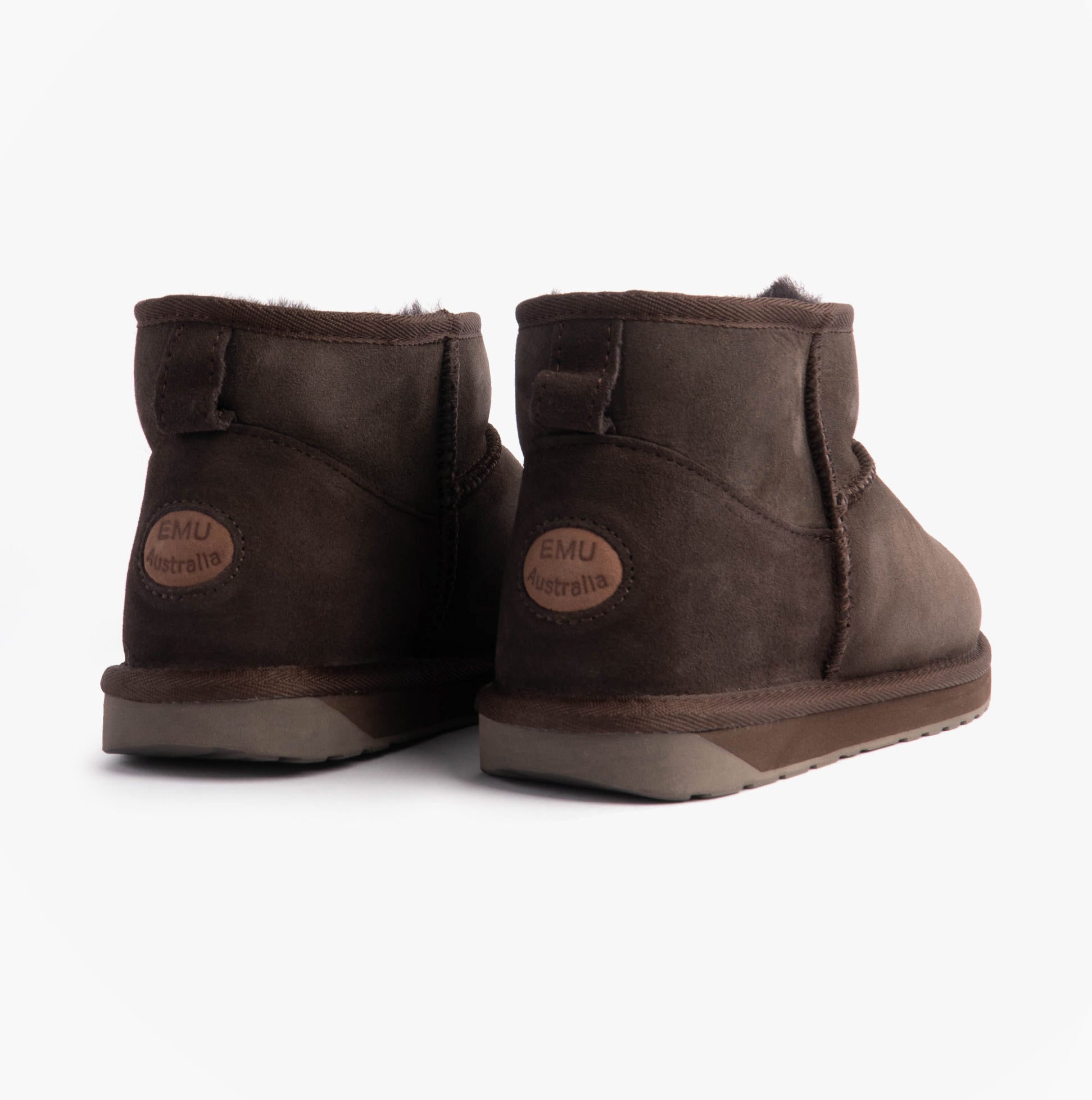 EMU Australia STINGER MICRO Womens Sheepskin Boot Chocolate rear view showcasing sheepskin material and rubber sole.