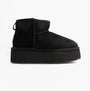 EMU Australia STINGER MICRO FLATFORM Womens Sheepskin Boot Black side view showcasing the shearling upper and mid-calf height.