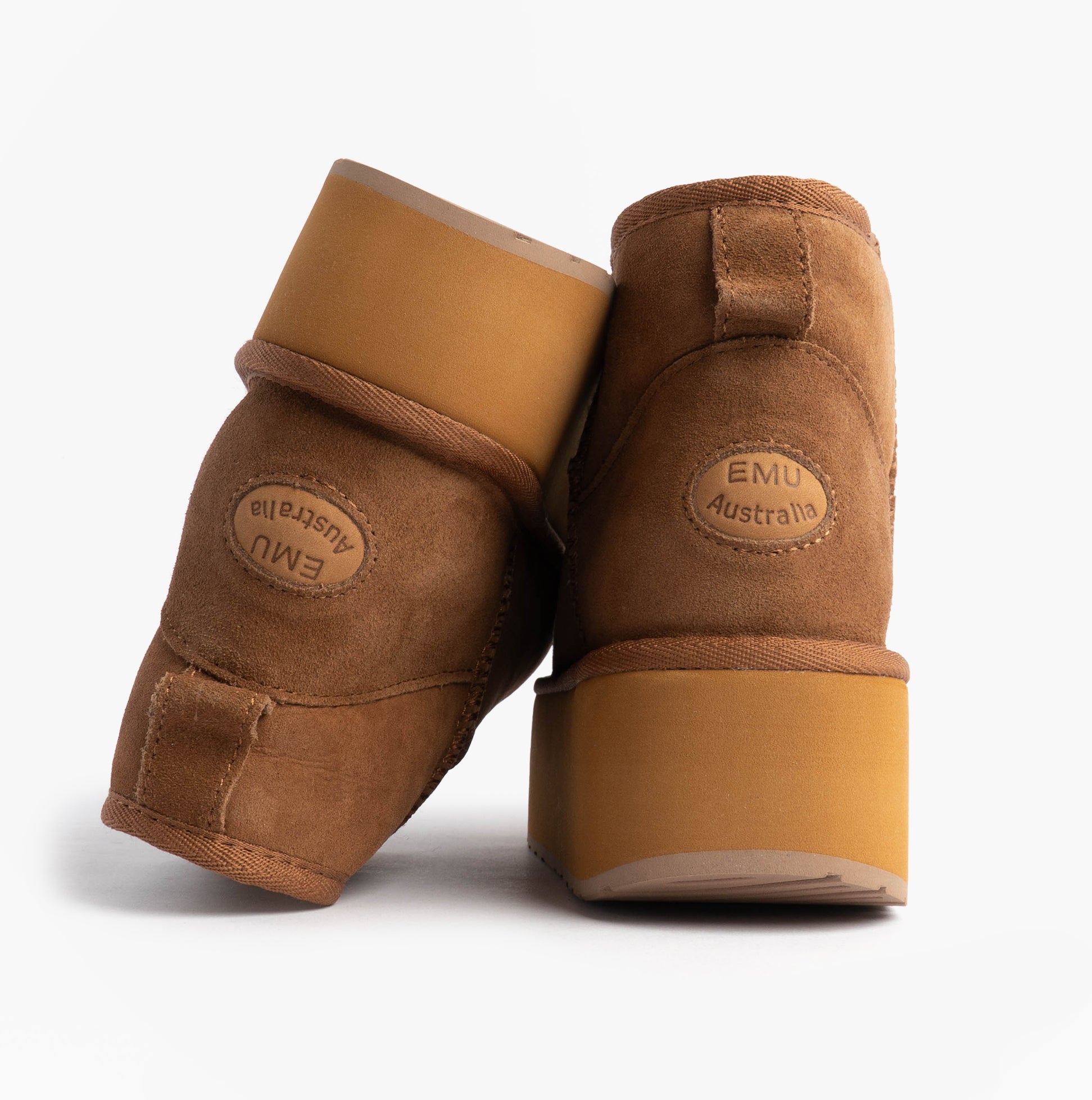 EMU Australia STINGER MICRO FLATFORM Womens Sheepskin Boot Chestnut back view with logo and mid-calf height.