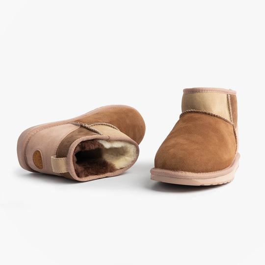 EMU Australia STINGER MICRO PATCHWORK Womens Sheepskin Boot Chestnut side view and back view showcasing sheepskin detail.