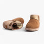 EMU Australia STINGER MICRO PATCHWORK Womens Sheepskin Boot Chestnut side view and back view showcasing sheepskin detail.
