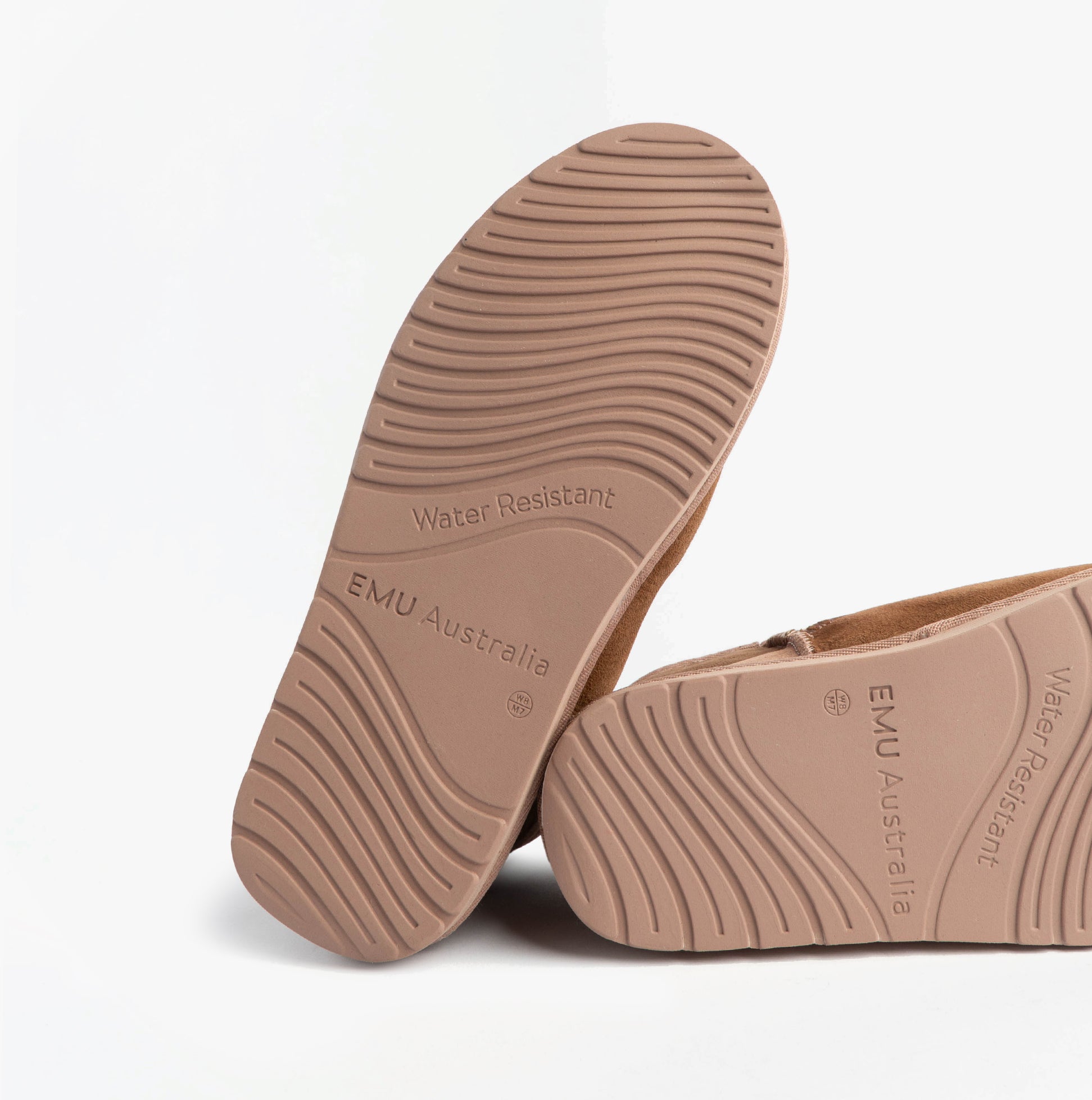 EMU Australia STINGER MICRO PATCHWORK Womens Sheepskin Boot Chestnut bottom view showing water resistant sole.