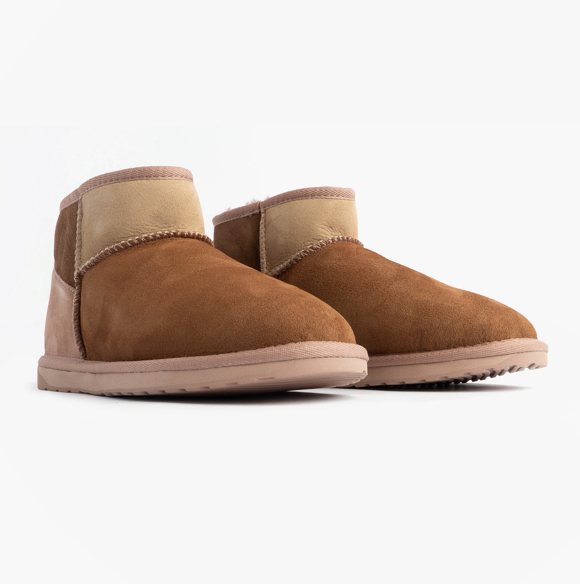 EMU Australia STINGER MICRO PATCHWORK Womens Sheepskin Boot Chestnut side view showcasing soft sheepskin and rubber sole.