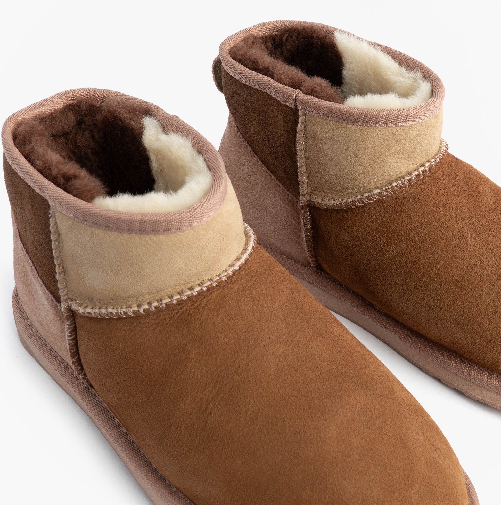 EMU Australia STINGER MICRO PATCHWORK Womens Sheepskin Boot Chestnut front view showing sheepskin lining and patchwork design.