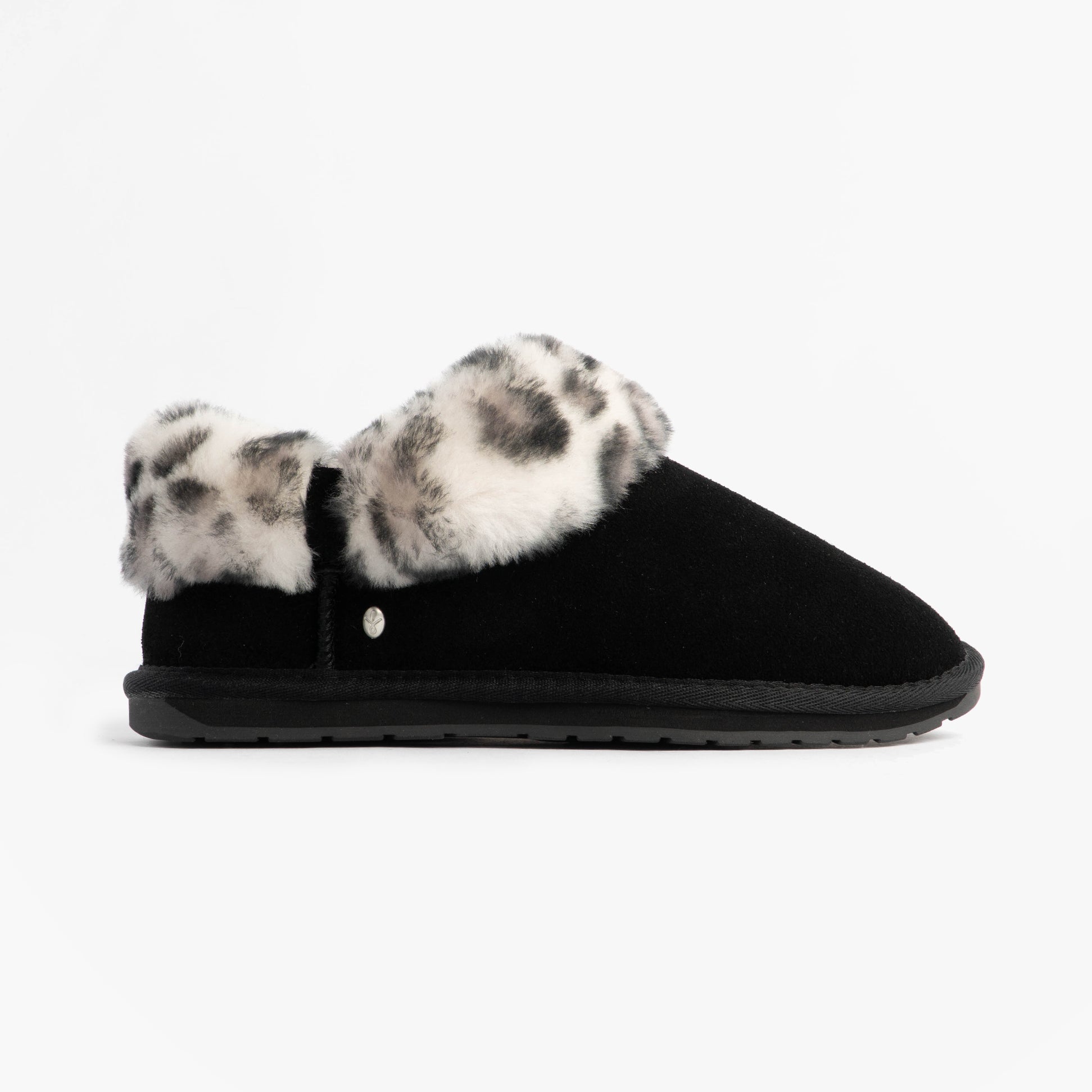 EMU Australia BAIA BOW Womens Sheepskin Slipper Boots Black side view with leopard print faux fur trim