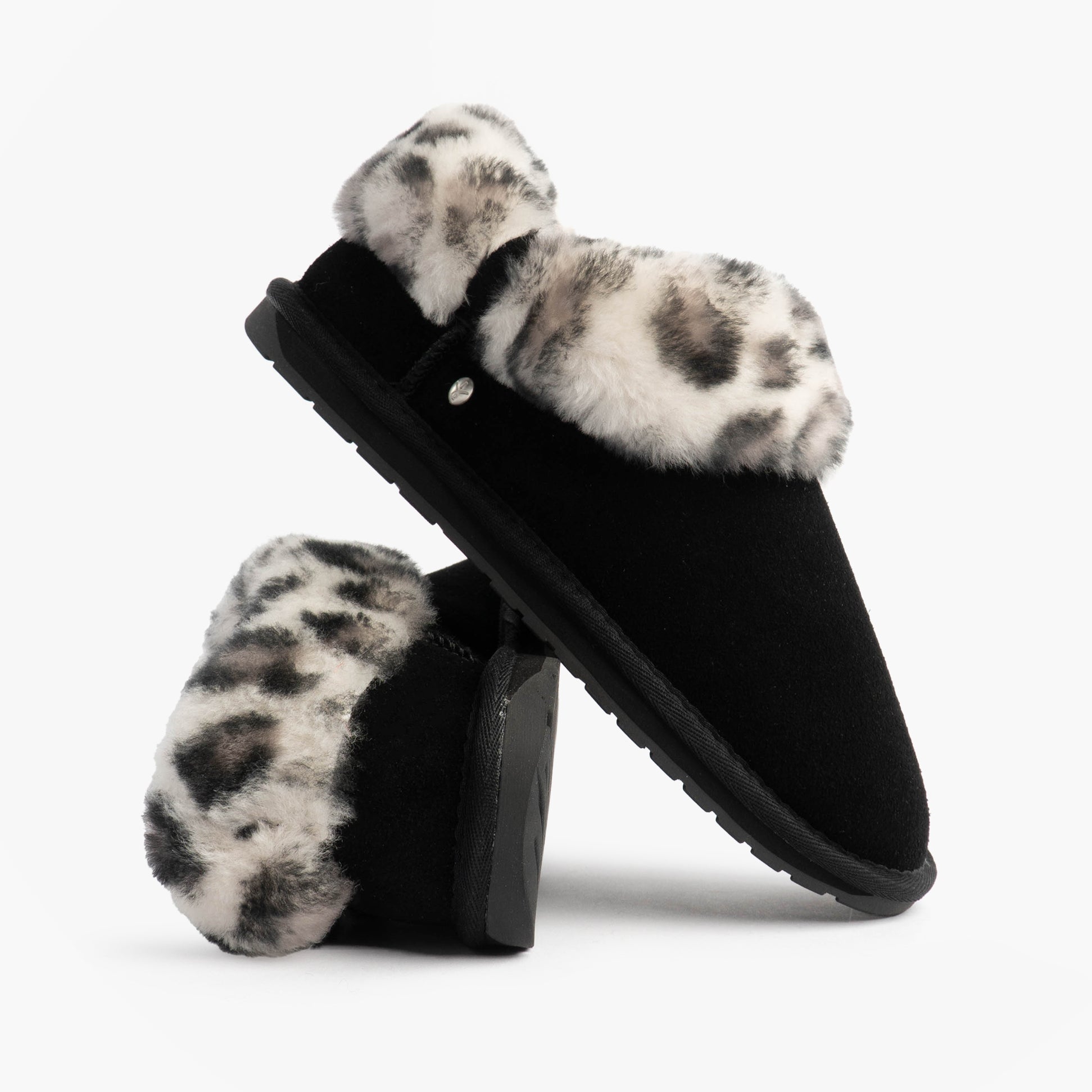 EMU Australia BAIA BOW Womens Sheepskin Slipper Boots Black side view with leopard print fur lining