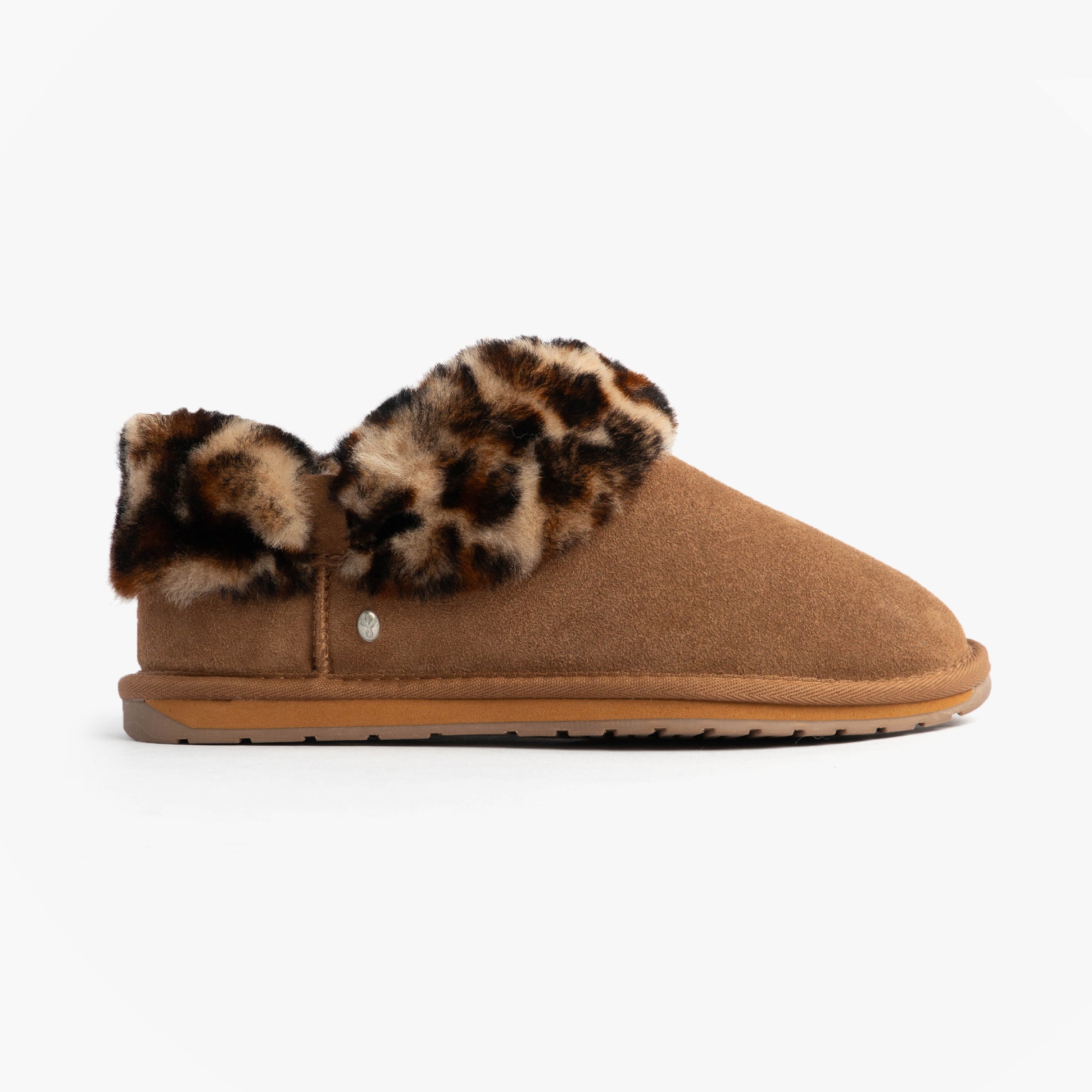 EMU Australia BAIA BOW Womens Sheepskin Slipper Boots Chestnut side view showing plush leopard print collar.