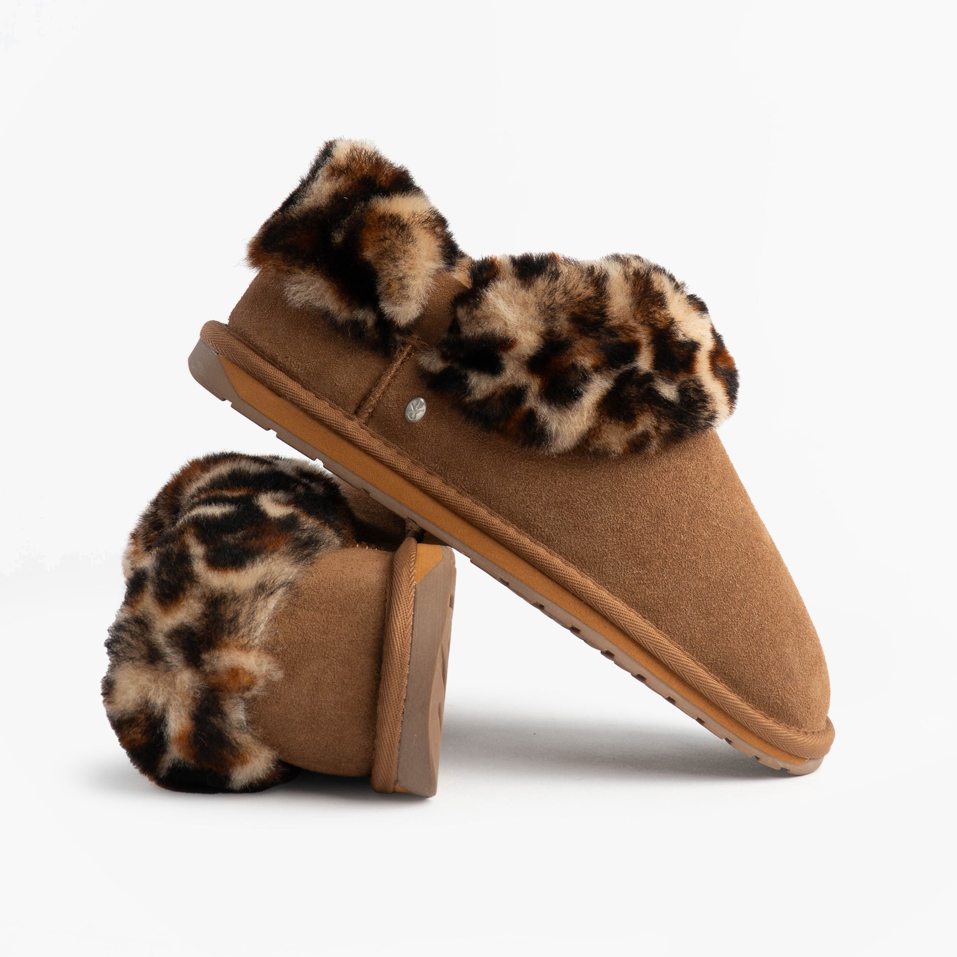 EMU Australia BAIA BOW Womens Sheepskin Slipper Boots Chestnut side view showcasing soft leopard print fur collar.