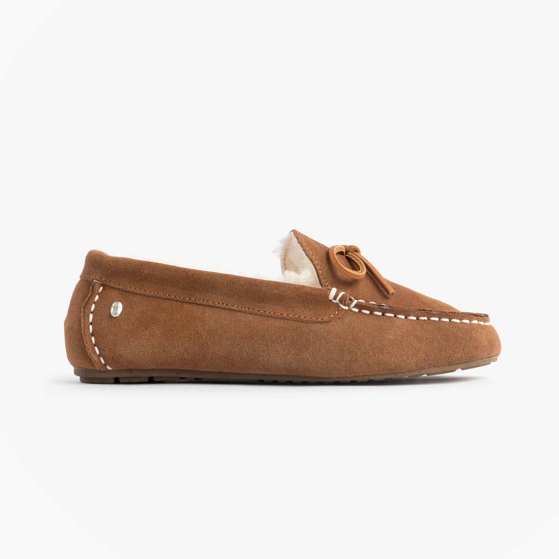 EMU Australia SANDRINE Womens Moccasin Slippers Chestnut side view showing soft sheepskin and rubber sole.