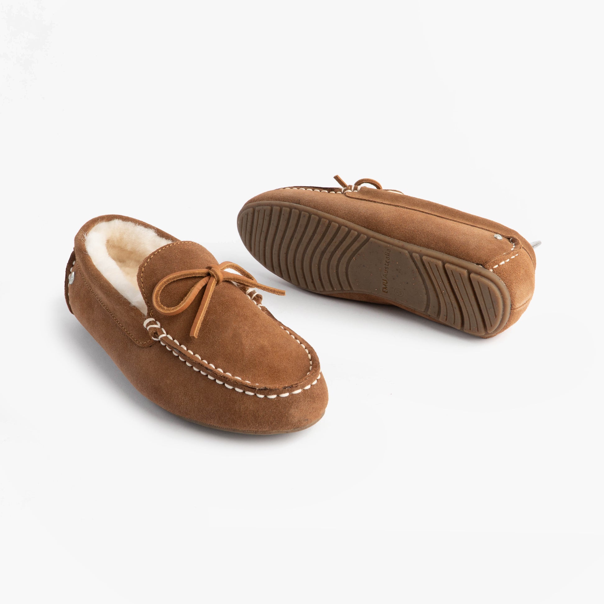 EMU Australia SANDRINE Womens Moccasin Slippers Chestnut side view and sole view with sheepskin lining and rubber sole.