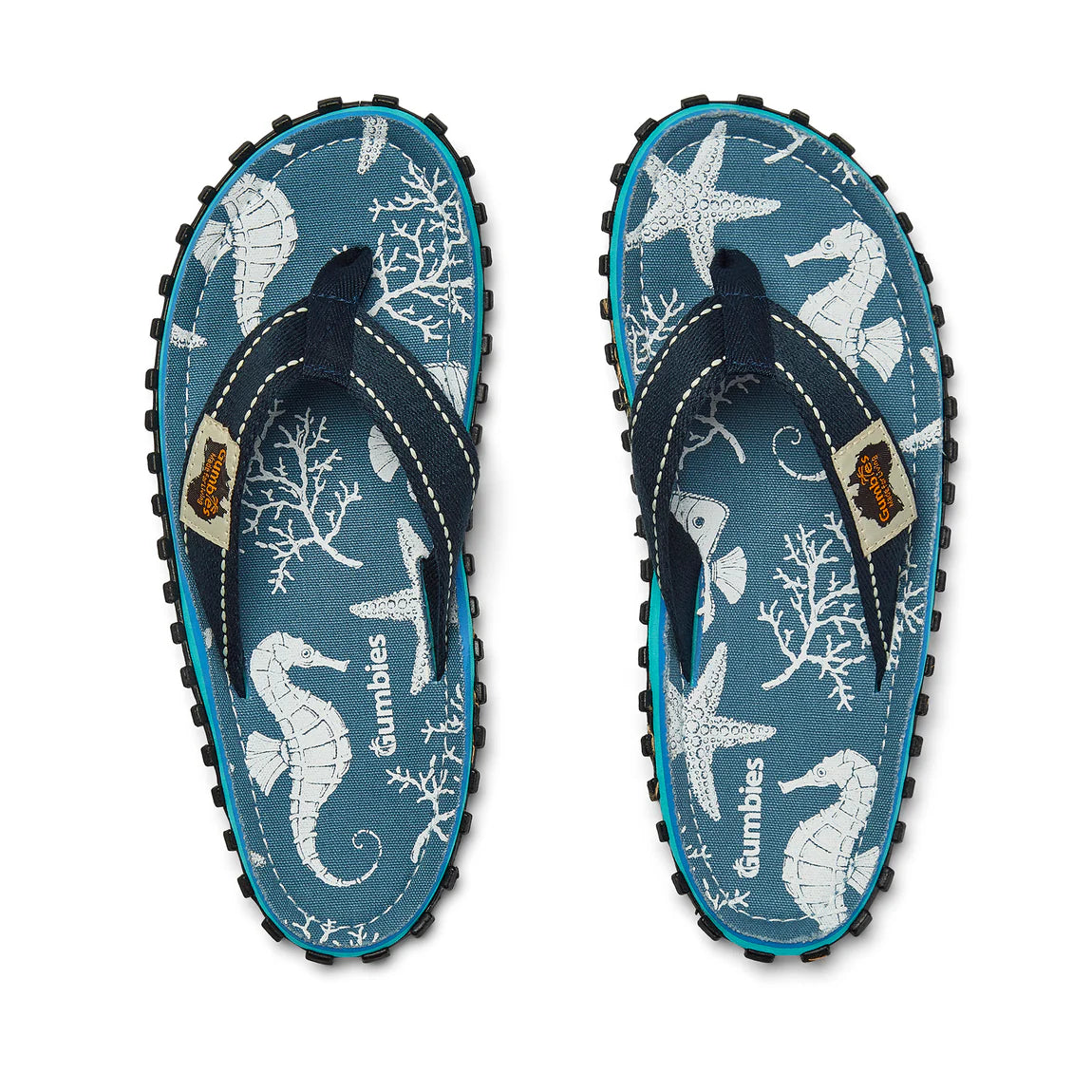 Gumbies ISLANDER Unisex Flip-Flops Seahorse top view featuring seahorse and starfish print