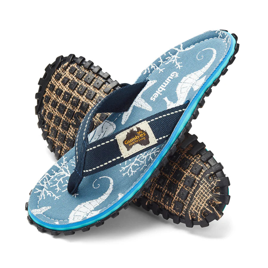 Gumbies ISLANDER Unisex Flip-Flops Seahorse side view showcasing blue seahorse design and contoured footbed.