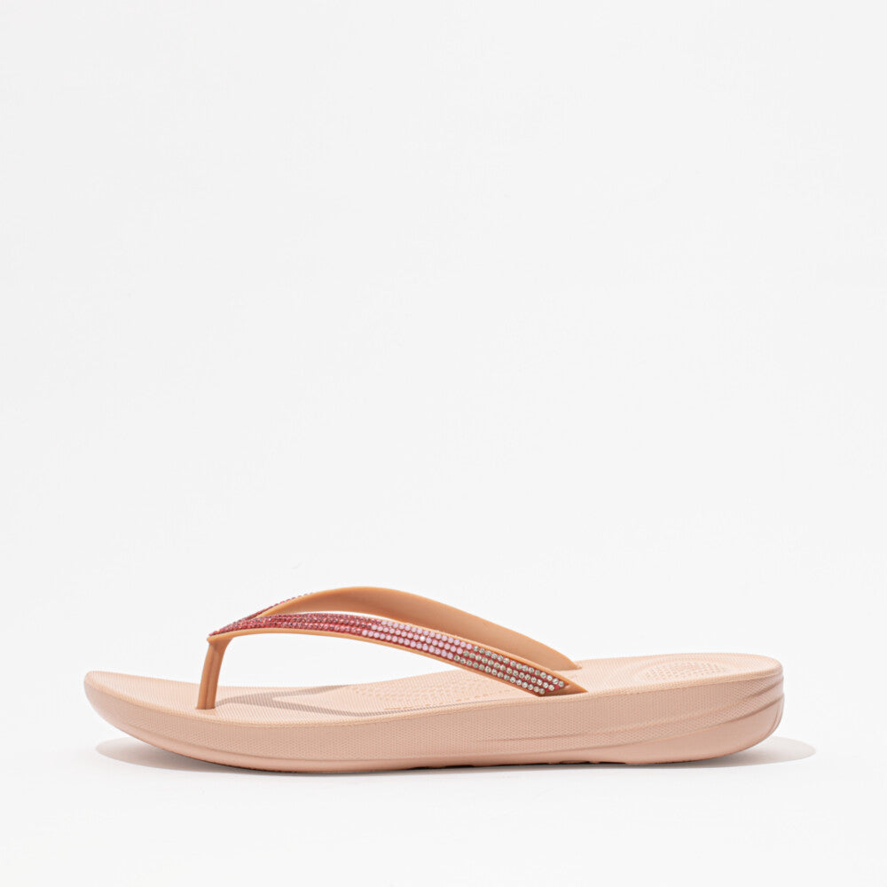 FitFlop IQUSHION Womens Flip Flops Beige side view with rubber upper and EVA sole, perfect for comfort and lightweight wear.
