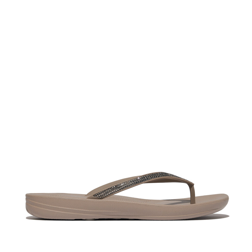 FitFlop IQUSHION OMBRE SPARKLE Womens Flip Flops On Taupe/Pewter side view with comfortable rubber sole and light embellishment.
