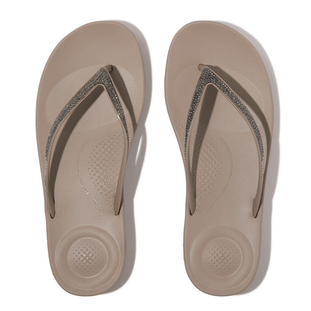 FitFlop IQUSHION OMBRE SPARKLE Womens Flip Flops On Taupe/Pewter top view showcasing design and color.
