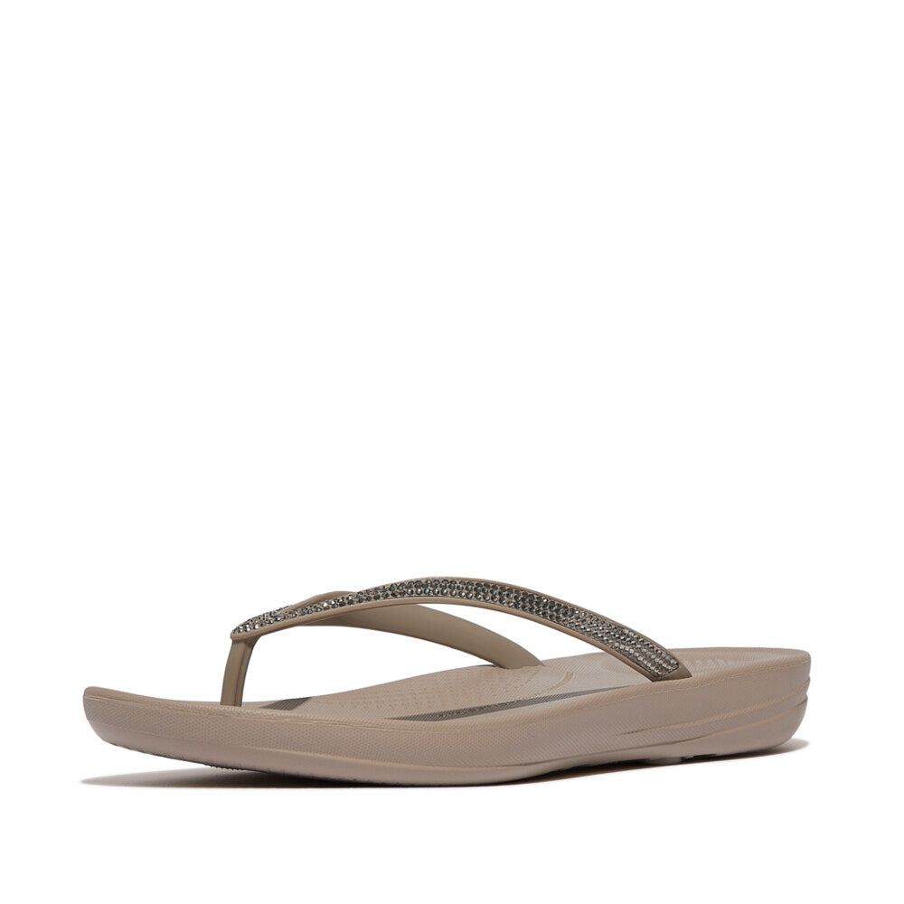 FitFlop IQUSHION OMBRE SPARKLE Womens Flip Flops On Taupe/Pewter side view showcasing lightweight design and comfort features.