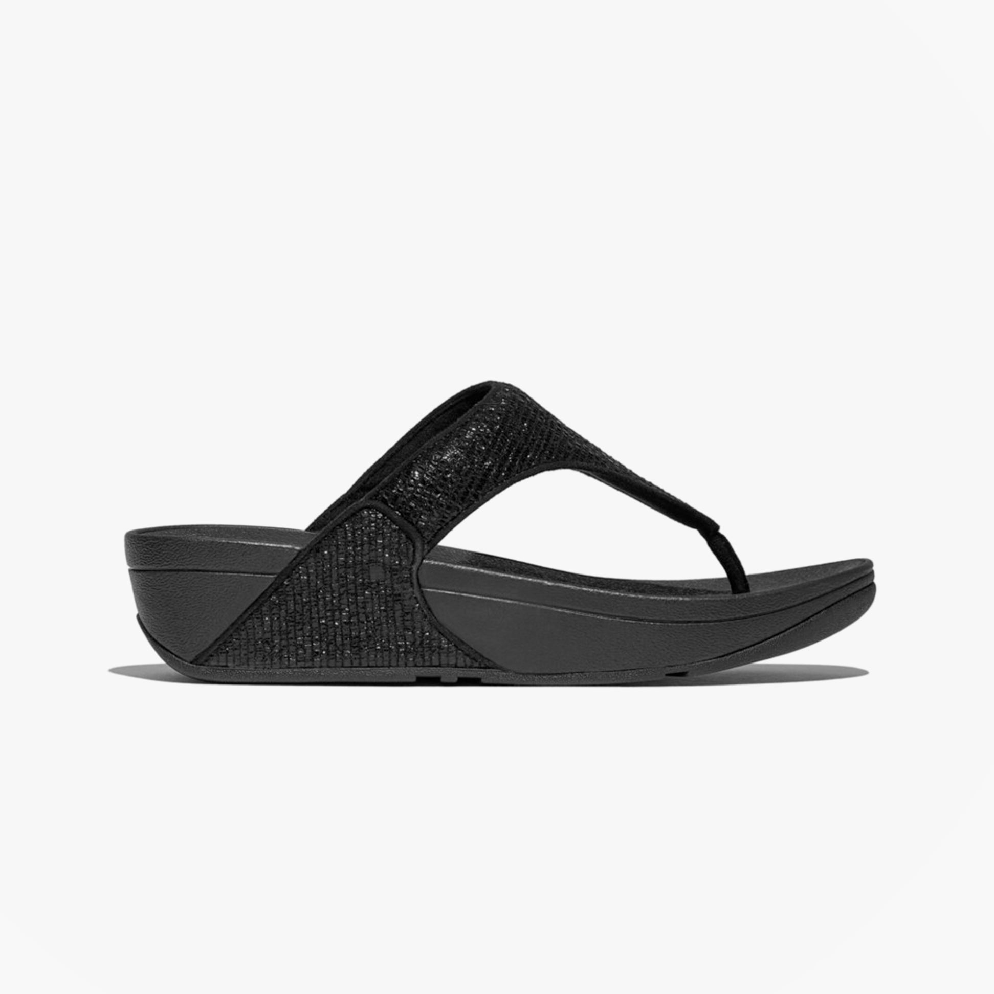 FitFlop LULU CRINKLED-SHIMMER Ladies Toe Post Sandals Metallic Black side view showing the stylish crinkled shimmer design.