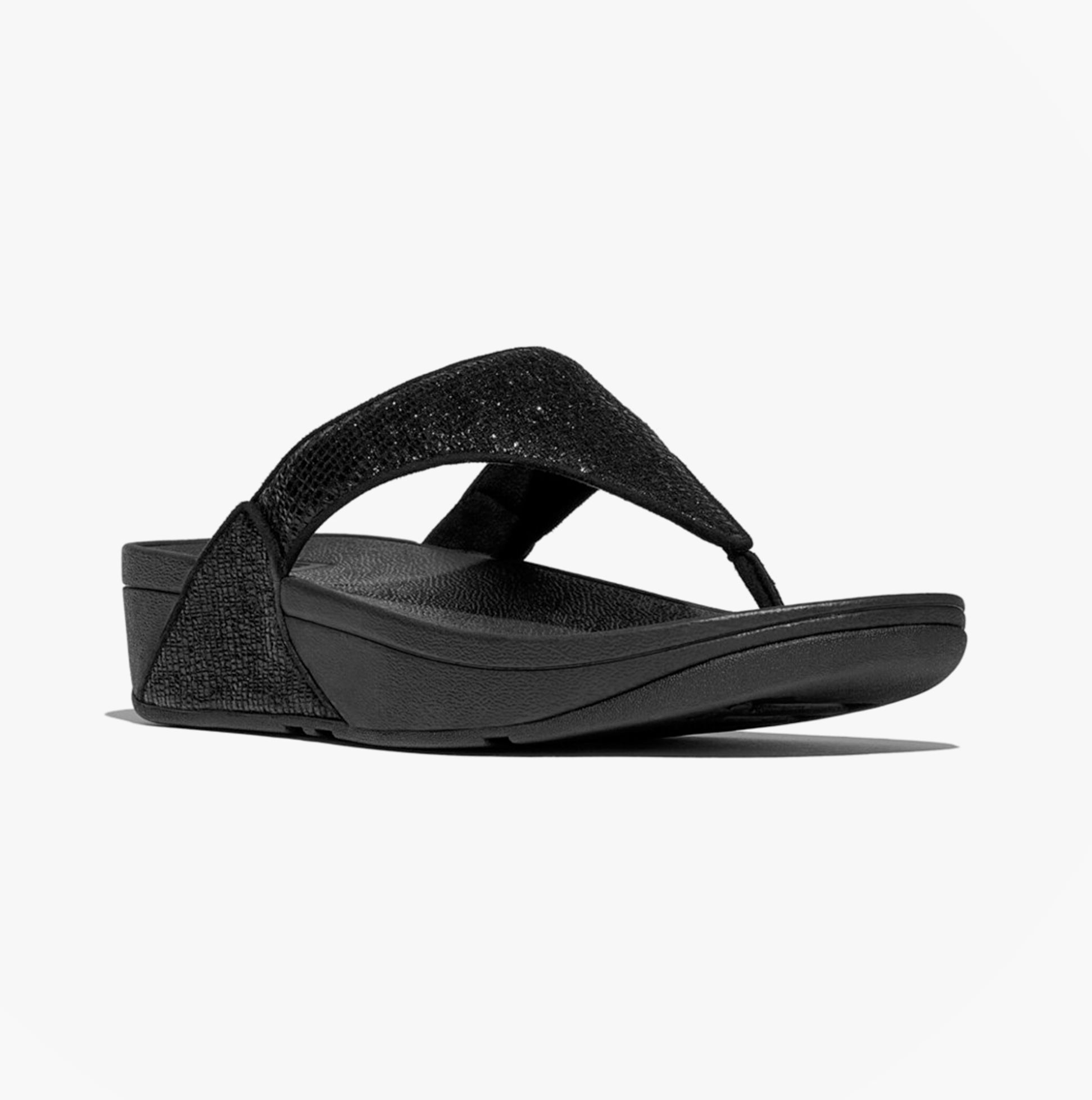 FitFlop LULU CRINKLED-SHIMMER Ladies Toe Post Sandals Metallic Black side view with black shimmer and rubber sole.