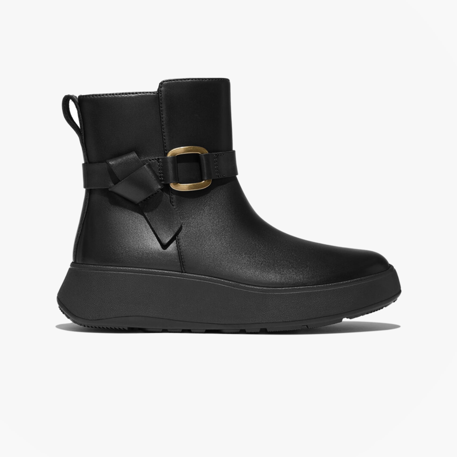 FitFlop F-MODE SQUARE-RING LEATHER FLATFORM Ladies Ankle Boots Black side view with gold buckle detailing.