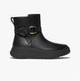 FitFlop F-MODE SQUARE-RING LEATHER FLATFORM Ladies Ankle Boots Black side view with gold buckle detailing.