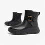FitFlop F-MODE SQUARE-RING LEATHER FLATFORM Ladies Ankle Boots Black side view and front view with stylish buckle detail.