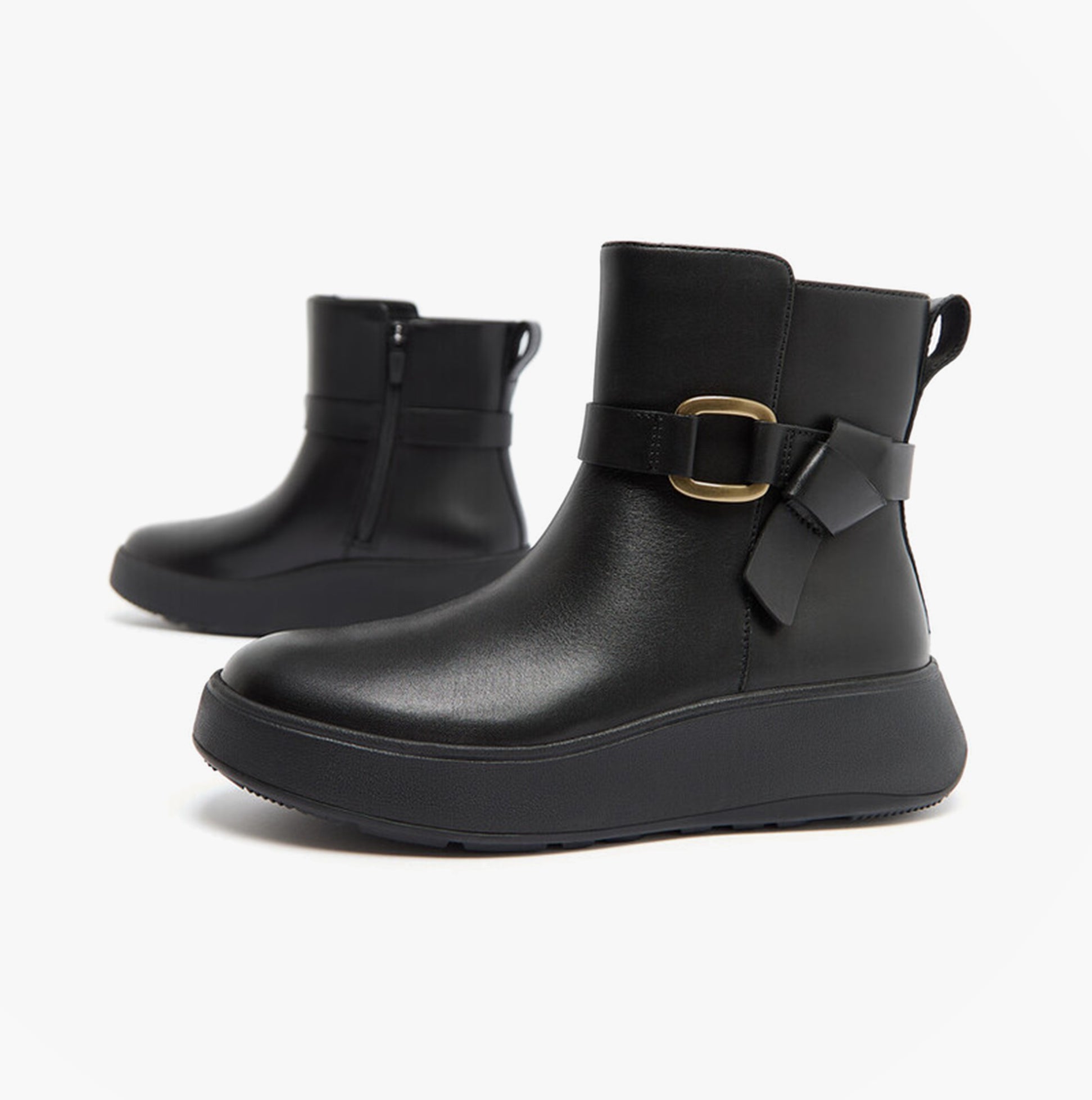 FitFlop F-MODE SQUARE-RING LEATHER FLATFORM Ladies Ankle Boots Black side view and front view with stylish buckle detail.