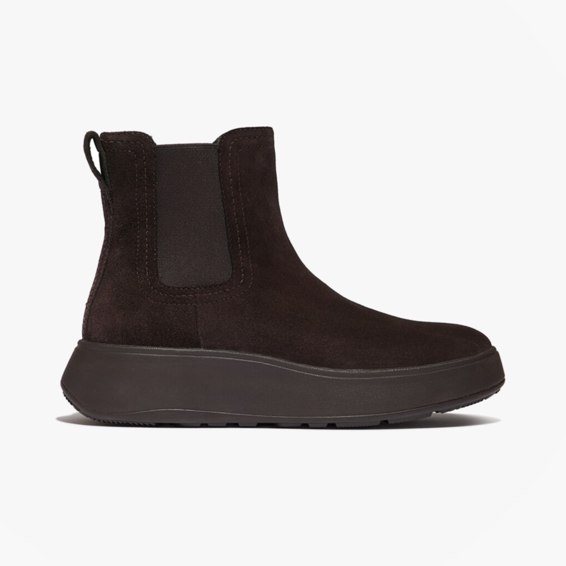 FitFlop F-MODE STITCH WARM SUEDE Ladies Chelsea Boots Chocolate Brown side view showcasing sleek design and soft suede material.