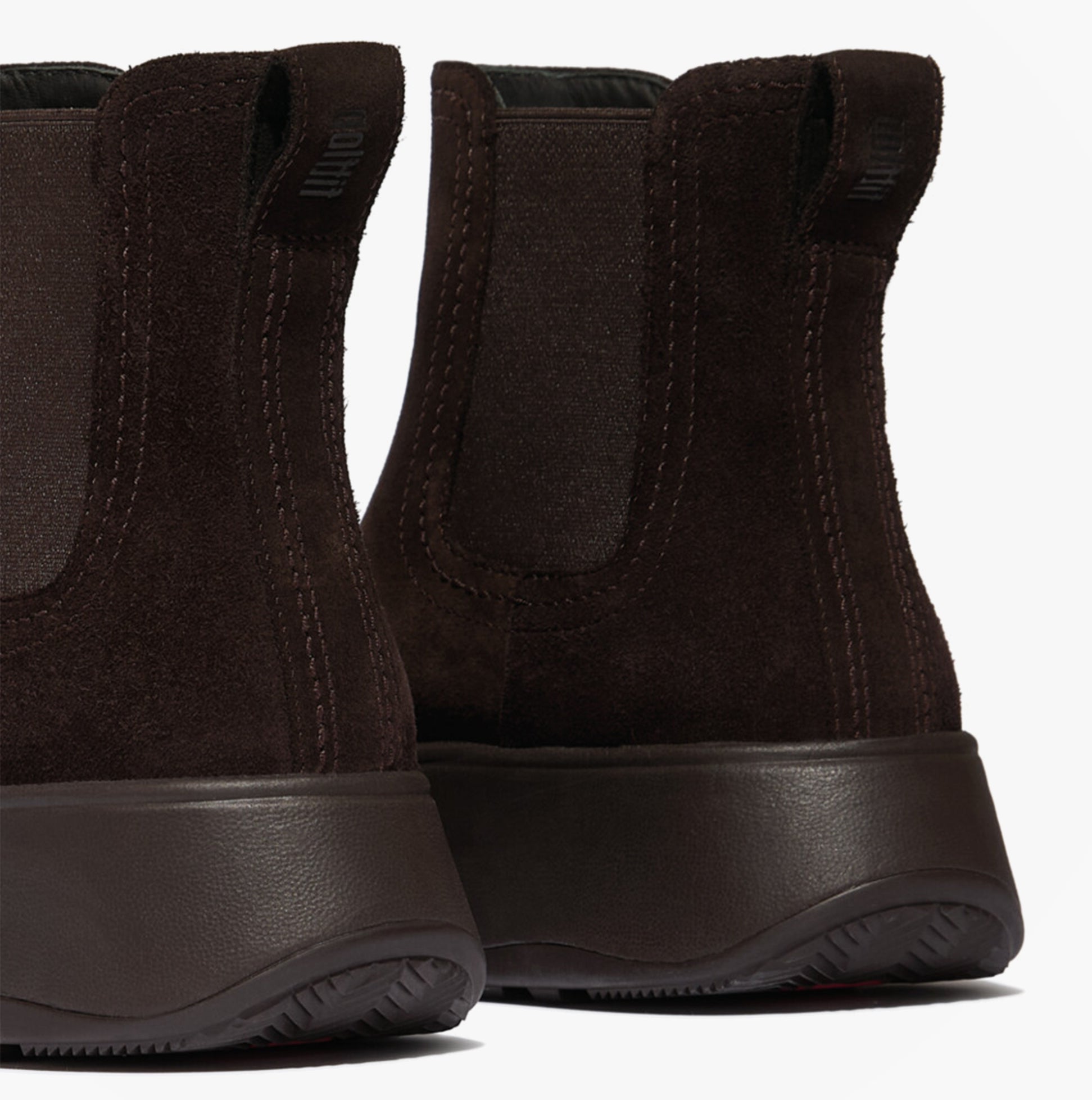 FitFlop F-MODE STITCH WARM SUEDE Ladies Chelsea Boots Chocolate Brown back view showcasing suede upper and rubber sole.