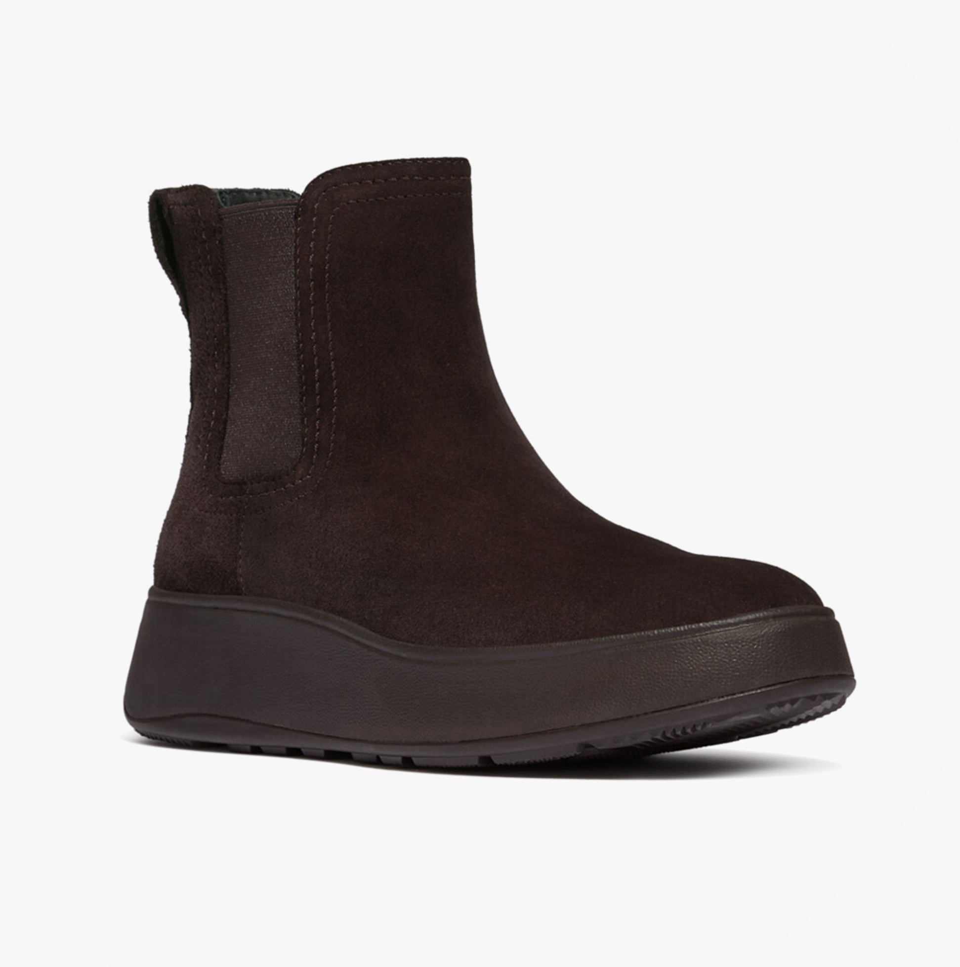 FitFlop F-MODE STITCH WARM SUEDE Ladies Chelsea Boots Chocolate Brown side view showcasing the suede upper and rubber sole.