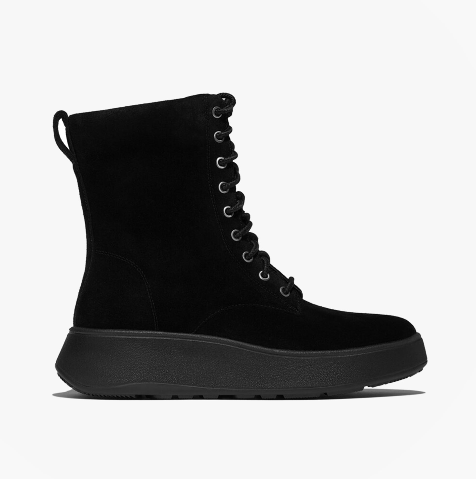 FitFlop F-MODE SUEDE LACE-UP FLATFORM Ladies Ankle Boots All Black side view showing suede upper and lace-up design.