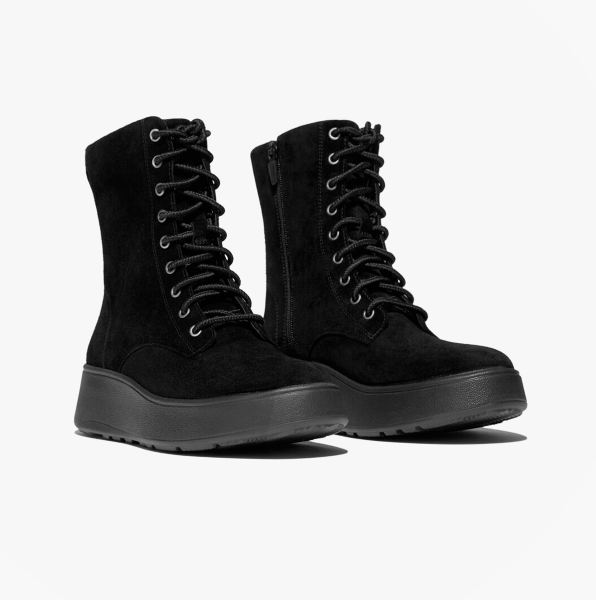 FitFlop F-MODE SUEDE LACE-UP FLATFORM Ladies Ankle Boots All Black side view with lace-up closure and rubber sole.