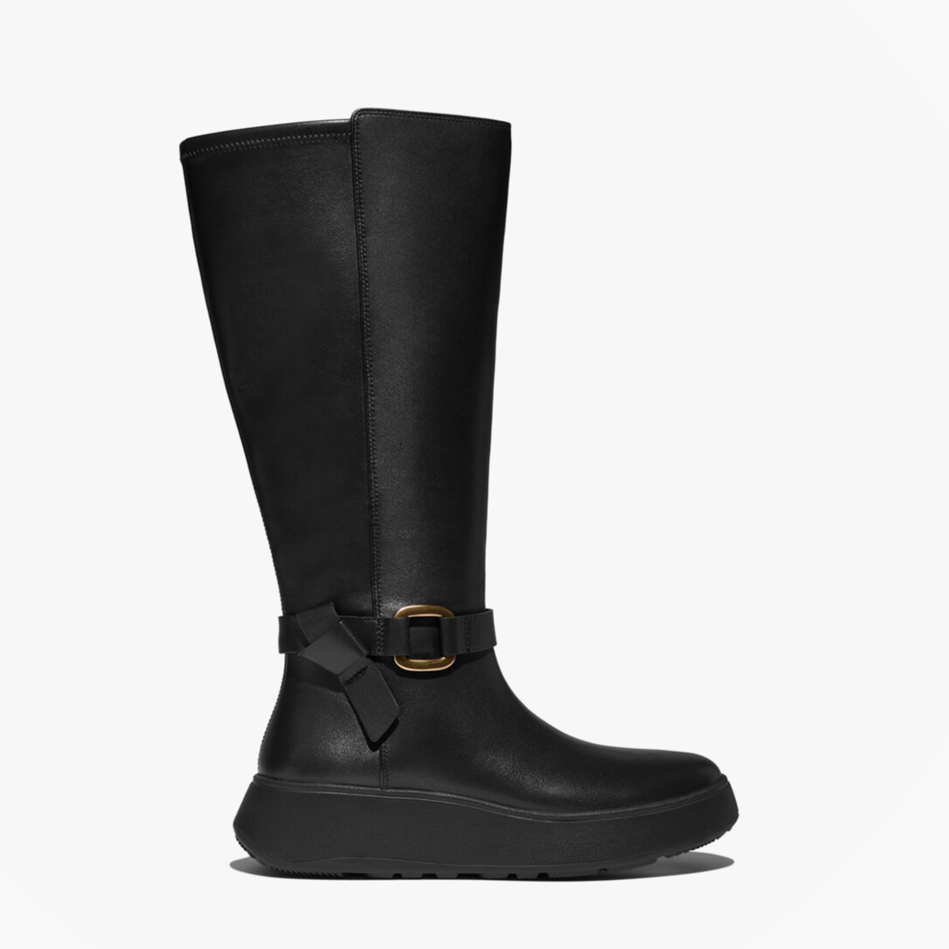 FitFlop F-MODE SQUARE-RING LEATHER FLATFORM Ladies Tall Boots Blac side view showcasing sleek leather design.