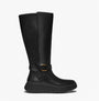 FitFlop F-MODE SQUARE-RING LEATHER FLATFORM Ladies Tall Boots Blac side view showcasing sleek leather design.