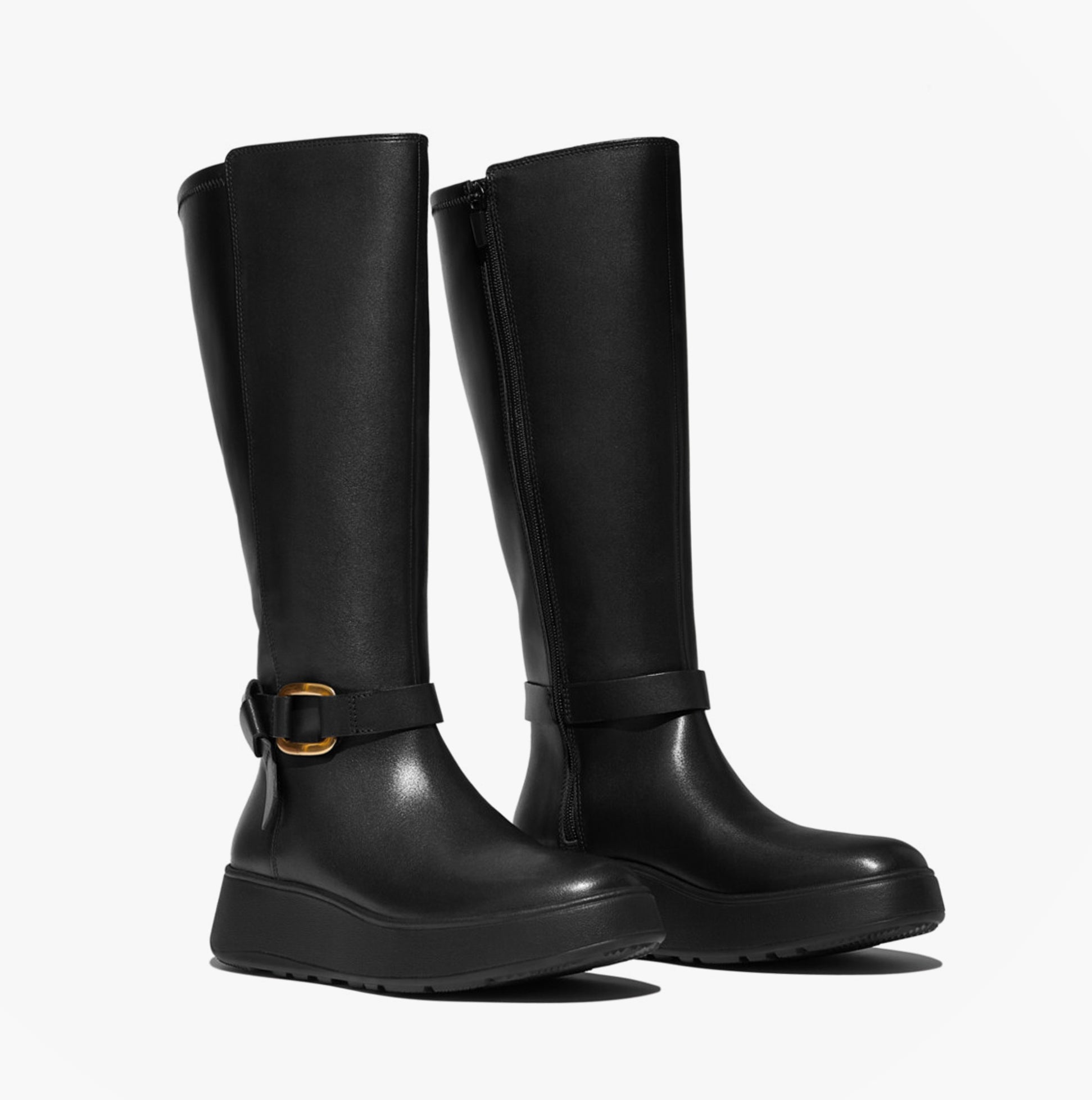 FitFlop F-MODE SQUARE-RING LEATHER FLATFORM Ladies Tall Boots Blac side view showing leather upper and flatform sole.
