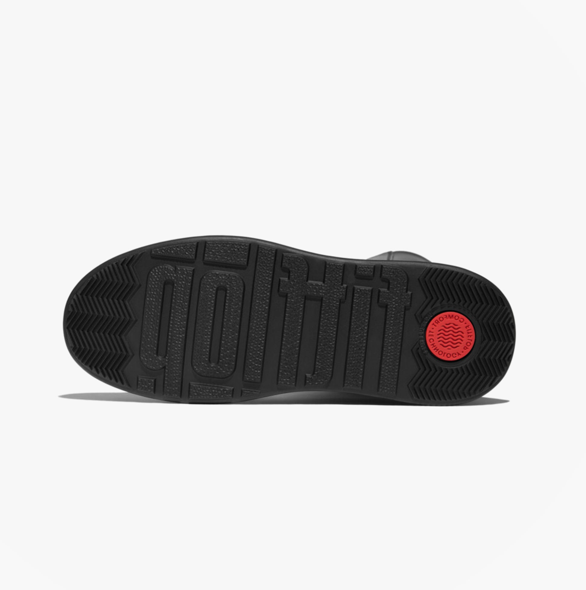 FitFlop F-MODE SQUARE-RING LEATHER FLATFORM Ladies Tall Boots Blac bottom view showing detailed sole with red emblem.