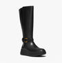 FitFlop F-MODE SQUARE-RING LEATHER FLATFORM Ladies Tall Boots Blac side view with sleek leather design and buckle feature.