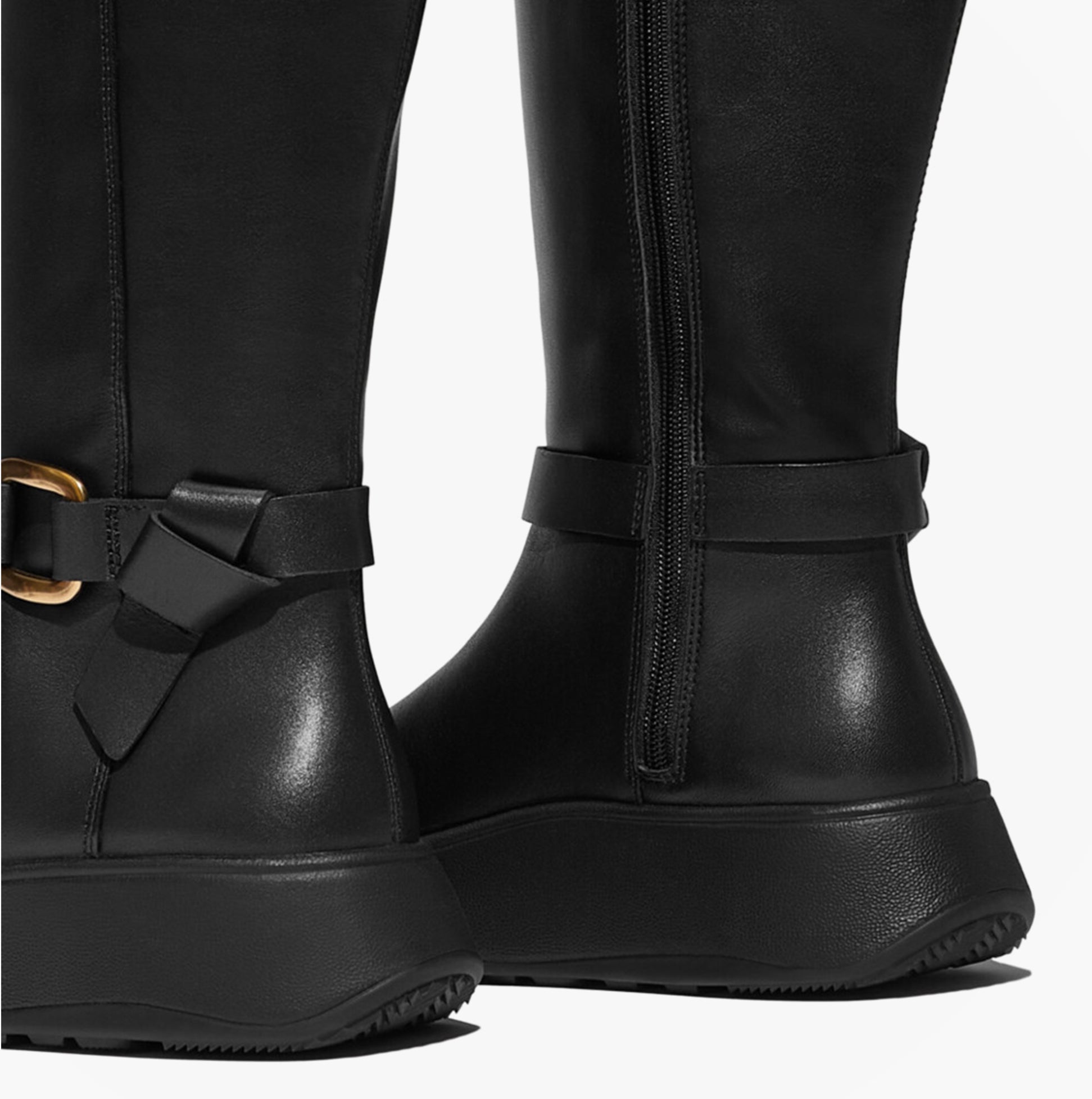 FitFlop F-MODE SQUARE-RING LEATHER FLATFORM Ladies Tall Boots Blac rear view with zip detail and stylish buckle.