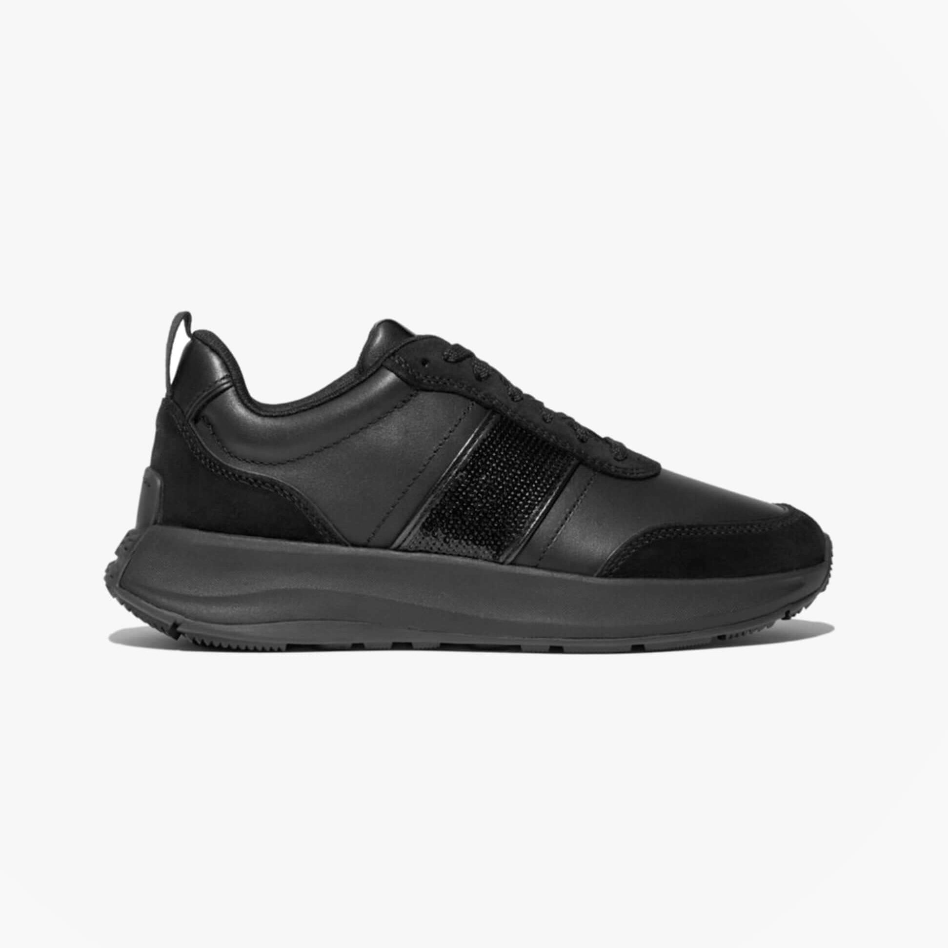 FitFlop F-MODE Womens Leather Trainers Urban Black side view showing leather and textile materials