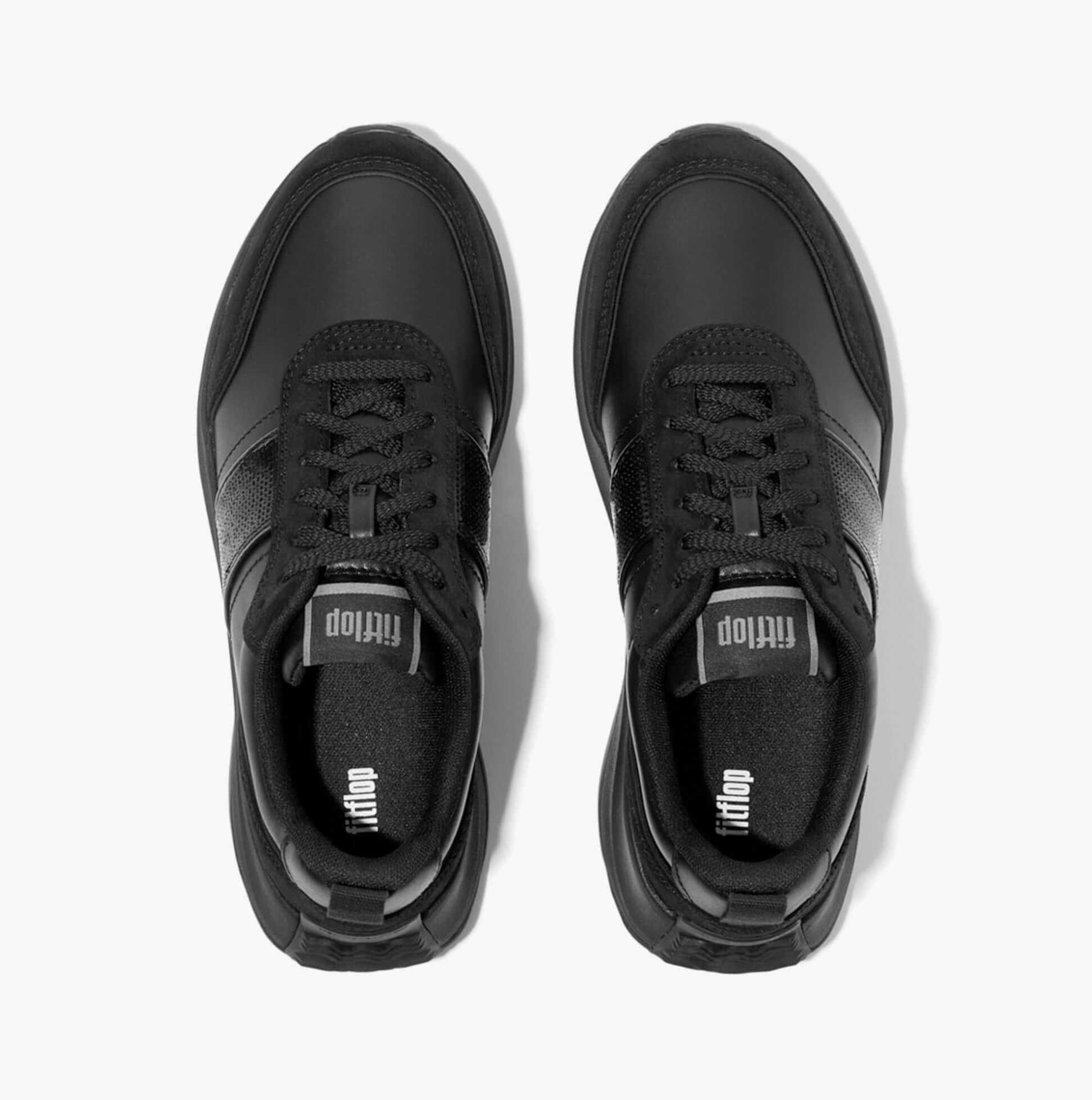 FitFlop F-MODE Womens Leather Trainers Urban Black top view with lace-up design and rubber sole.
