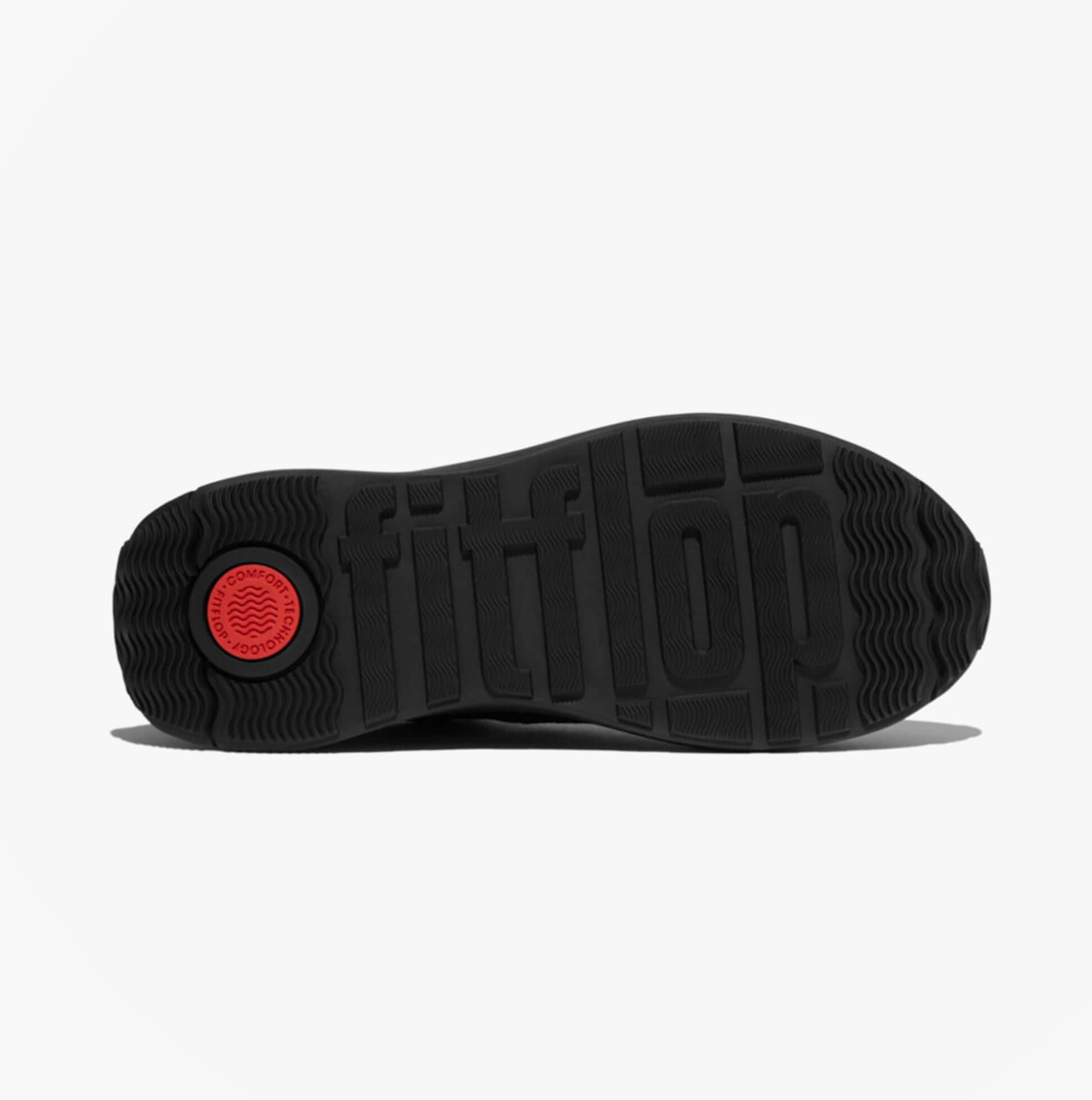 FitFlop F-MODE Womens Leather Trainers Urban Black bottom view, showcasing the rubber sole and logo detail.
