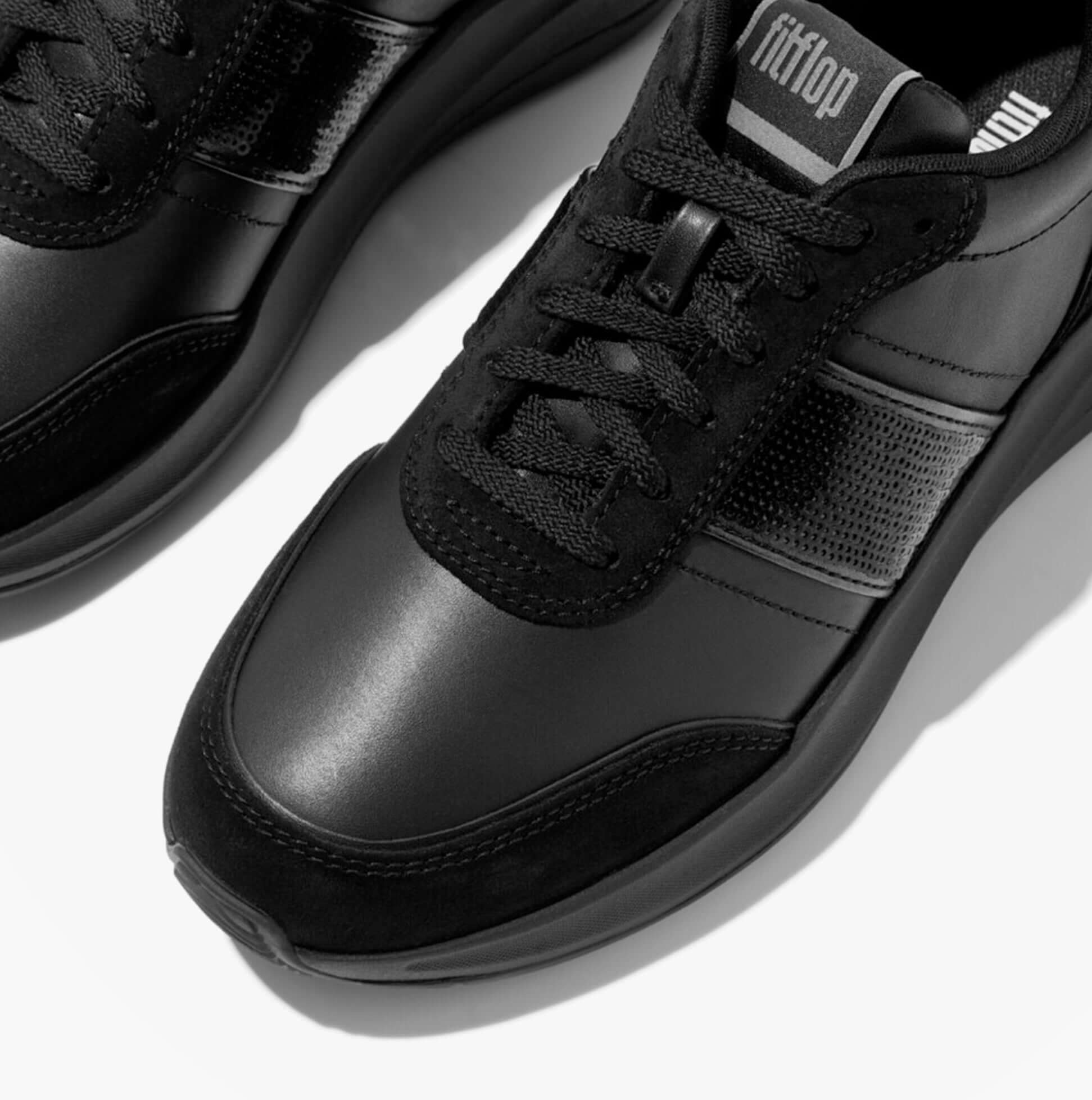FitFlop F-MODE Womens Leather Trainers Urban Black top view showing sleek black leather and lace-up design