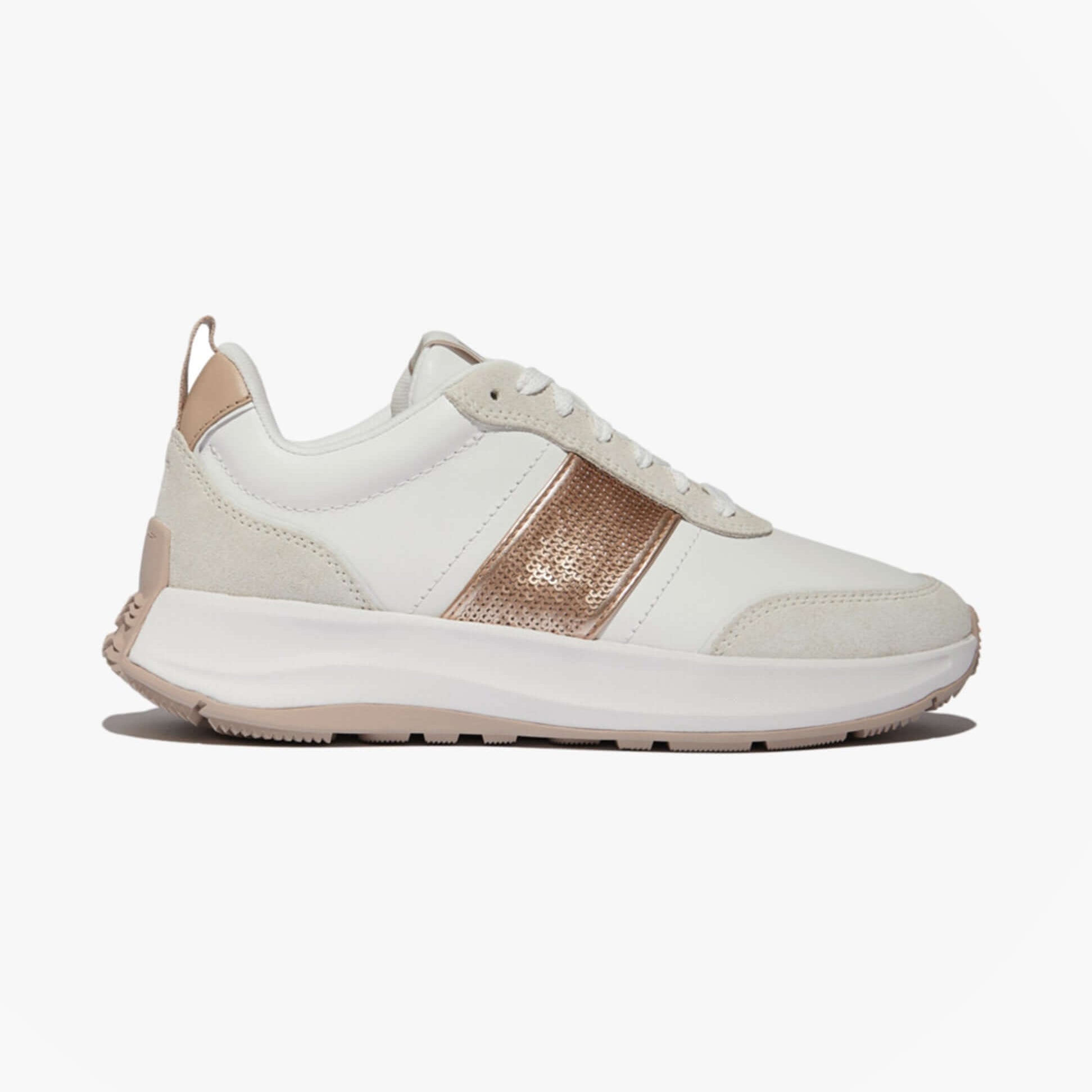 FitFlop F-MODE Womens Leather Trainers Urban White side view showcasing the stylish design and color accents.