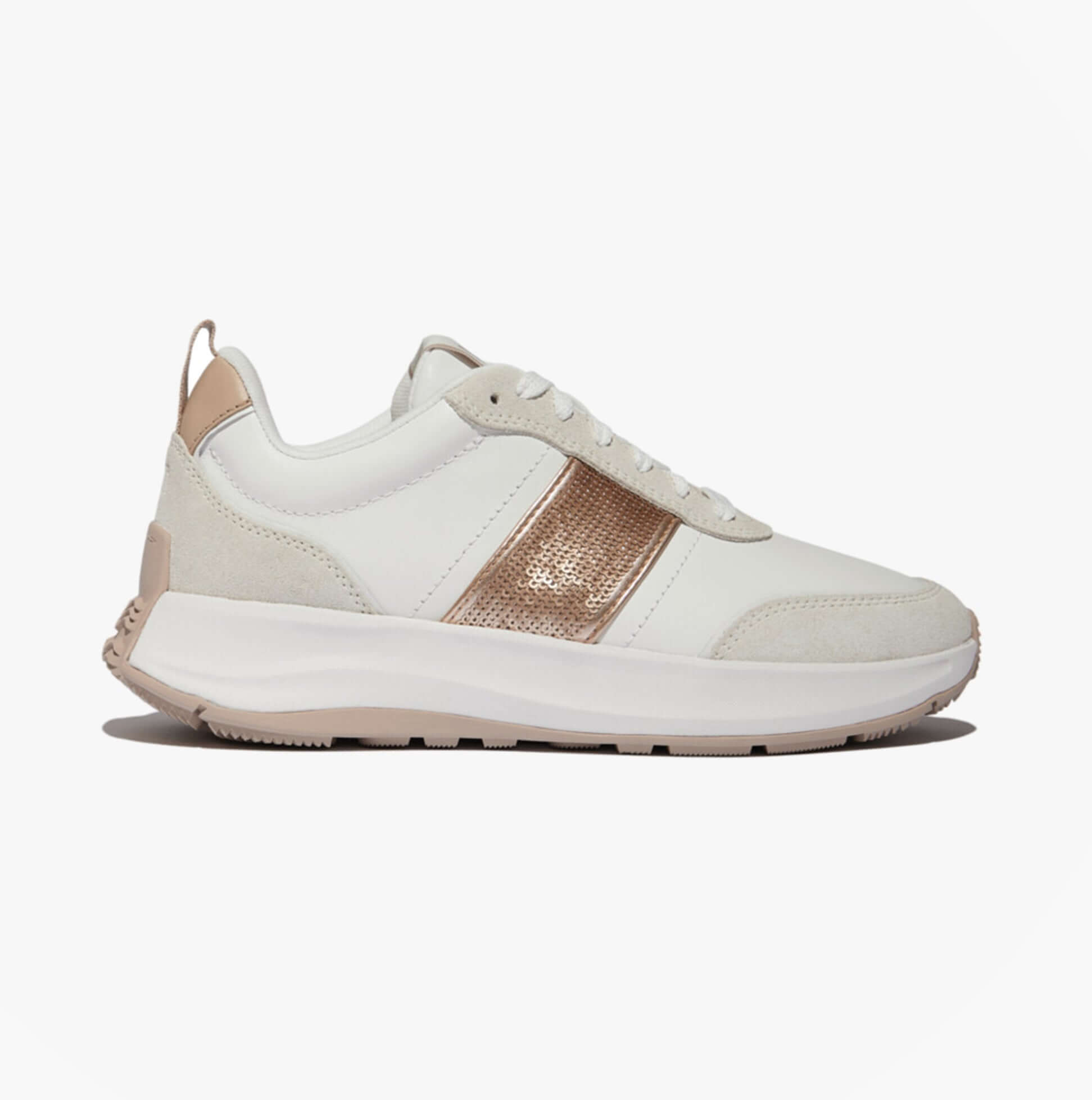 FitFlop F-MODE Womens Leather Trainers Urban White side view showcasing the stylish design and color accents.