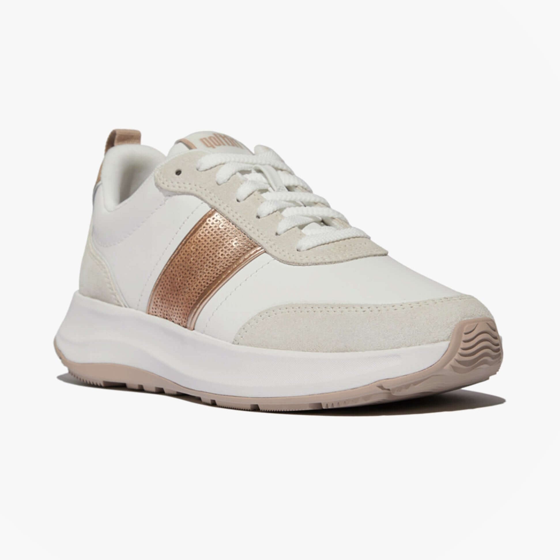 FitFlop F-MODE Womens Leather Trainers Urban White side view showcasing lace-up design and stylish rose gold accents.