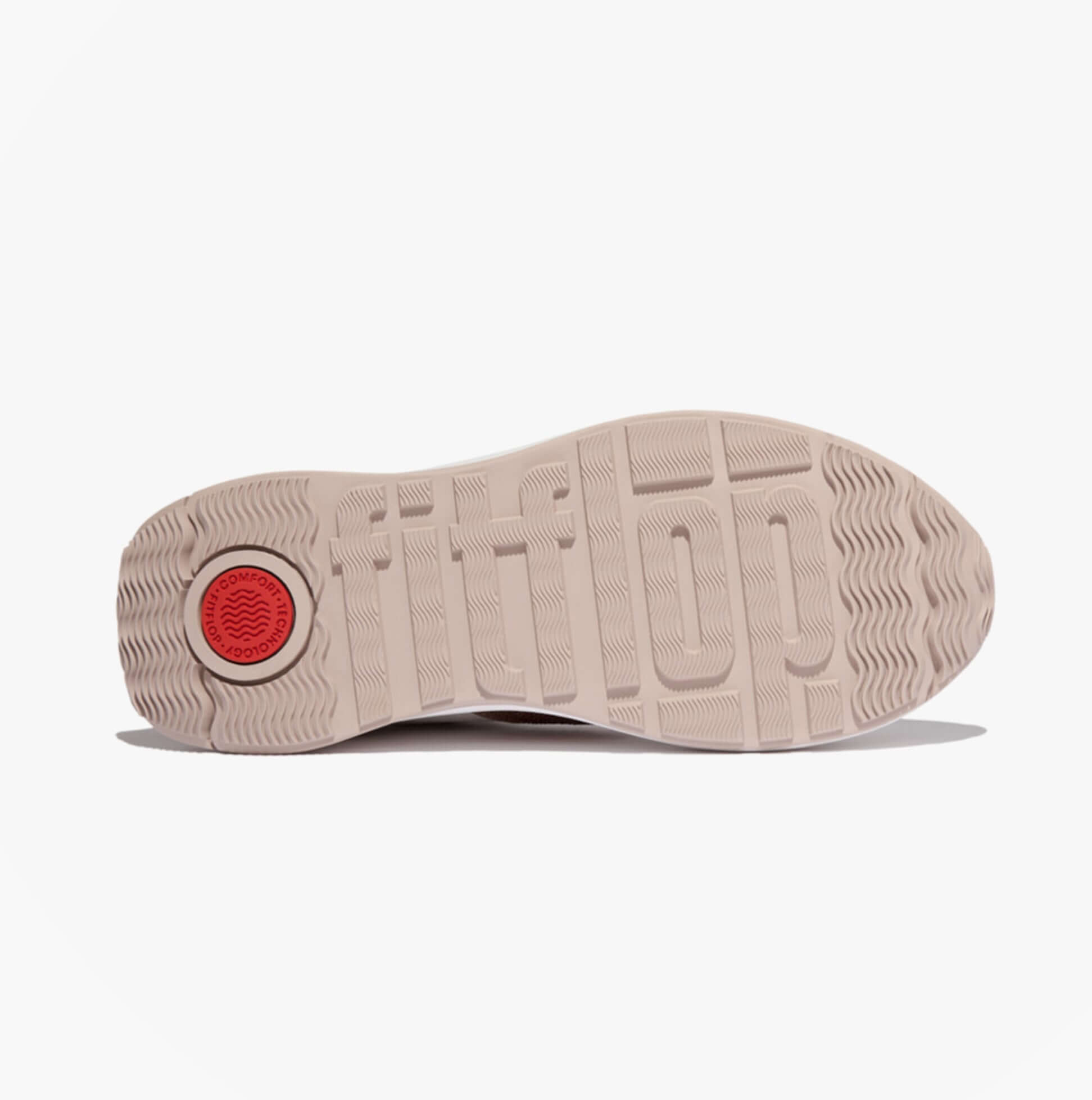 FitFlop F-MODE Womens Leather Trainers Urban White sole view with textured rubber and red logo detailing.