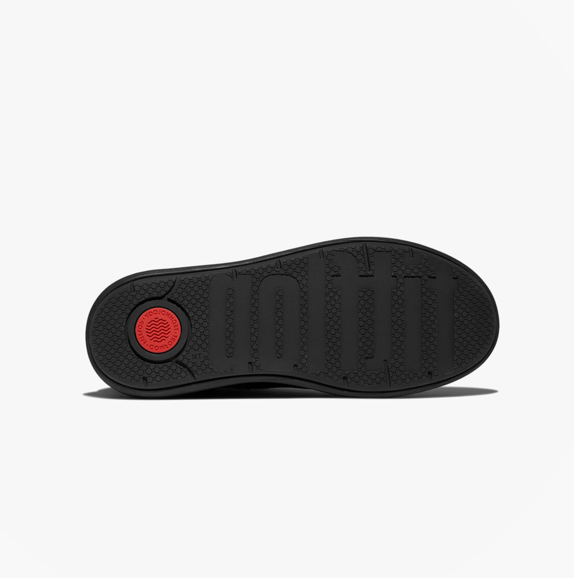 FitFlop iQ-COMFF LEATHER ZIP Womens Chelsea Boots All Black bottom view showing black EVA sole with red accent.
