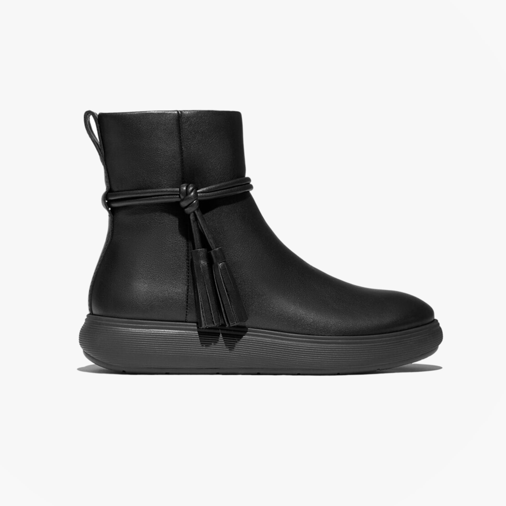 FitFlop iQ-COMFF TASSEL LEATHER Ladies Short Boots All Black side view featuring tassel detail and black leather material.