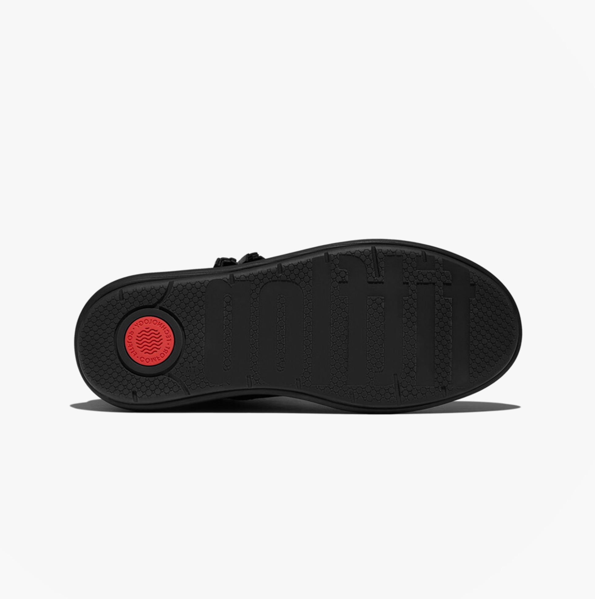 FitFlop iQ-COMFF TASSEL LEATHER Ladies Short Boots All Black bottom view showing textured sole and red accent.